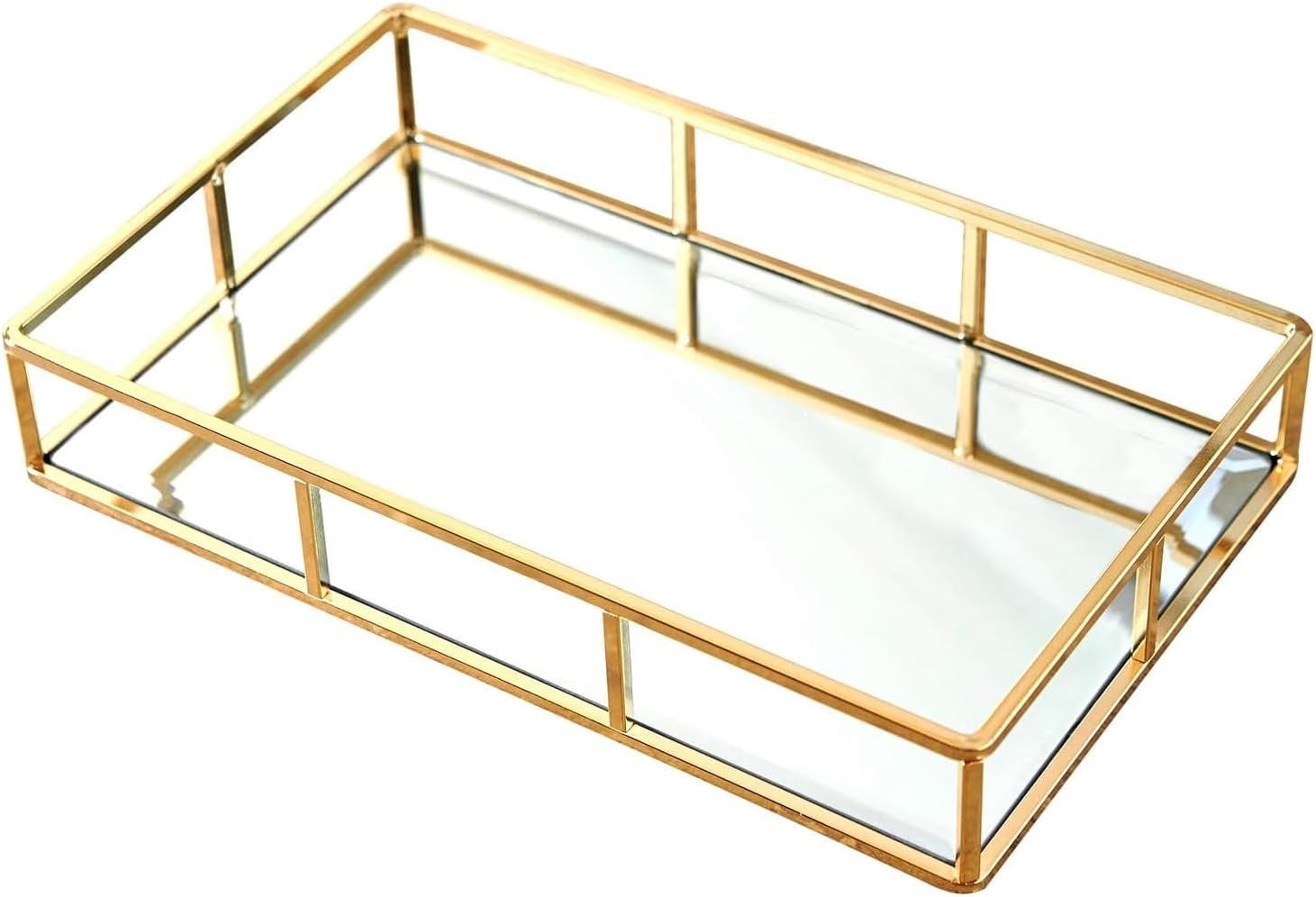 PuTwo Gold Mirror Vanity Tray | Ornate Metal Decorative Jewelry & Perfume Organizer