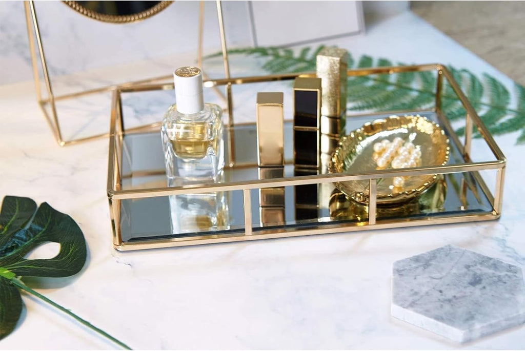 PuTwo Gold Mirror Vanity Tray | Ornate Metal Decorative Jewelry & Perfume Organizer