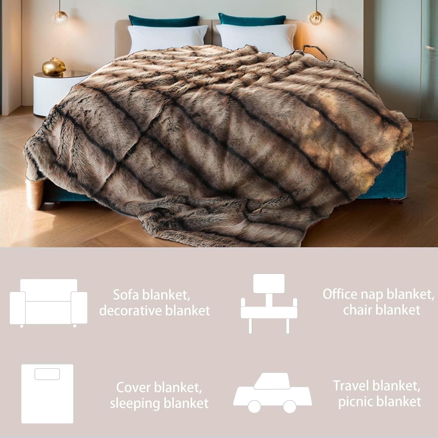 INCHGRASS Faux Mink Fur Throw Blanket 74" x 60" | Luxury Plush Brown Sofa & Bed Blanket
