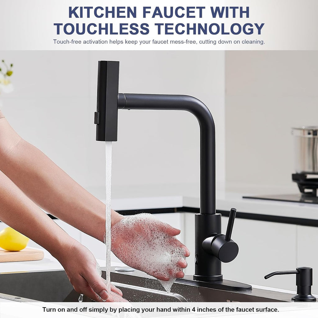 Matte Black Touchless Kitchen Faucet | Pull-Down Sprayer Waterfall Sink Faucet with Soap Dispenser
