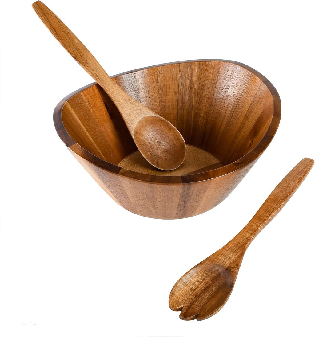 Gibson Home Sherwood 3 Piece Acacia Wood Salad Bowl Set | Large Natural Serving Bowl with Wooden Servers Durable Eco Friendly