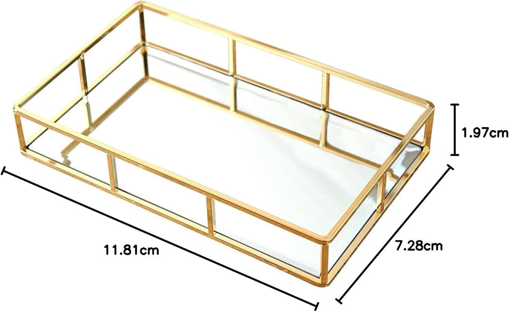 PuTwo Gold Mirror Vanity Tray | Ornate Metal Decorative Jewelry & Perfume Organizer
