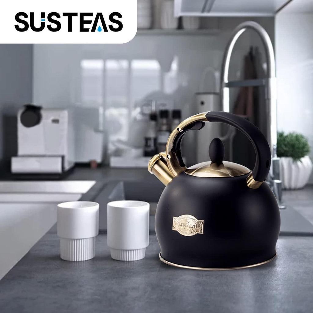 SUSTEAS Whistling Tea Kettle 2.64 Quart Black | Stainless Steel Stovetop Teapot with Cool Touch Handle
