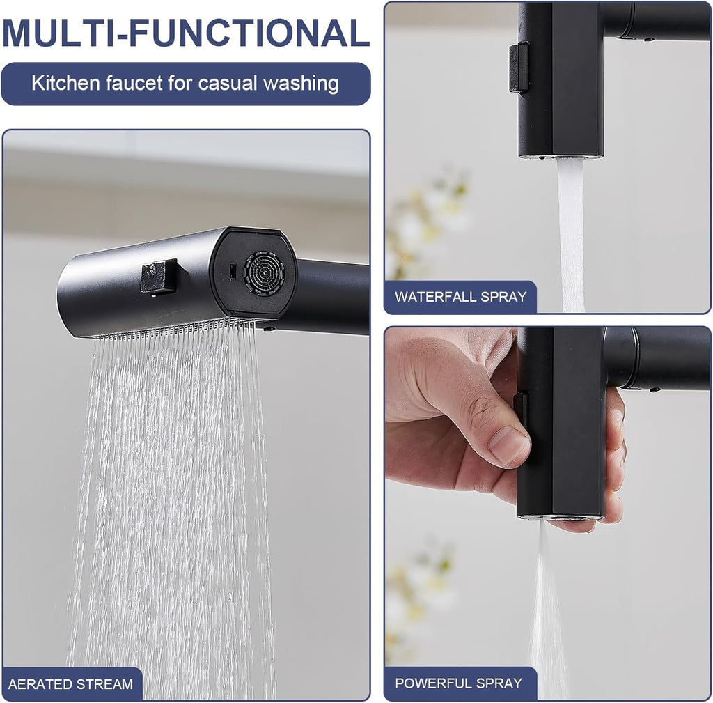 Matte Black Touchless Kitchen Faucet | Pull-Down Sprayer Waterfall Sink Faucet with Soap Dispenser