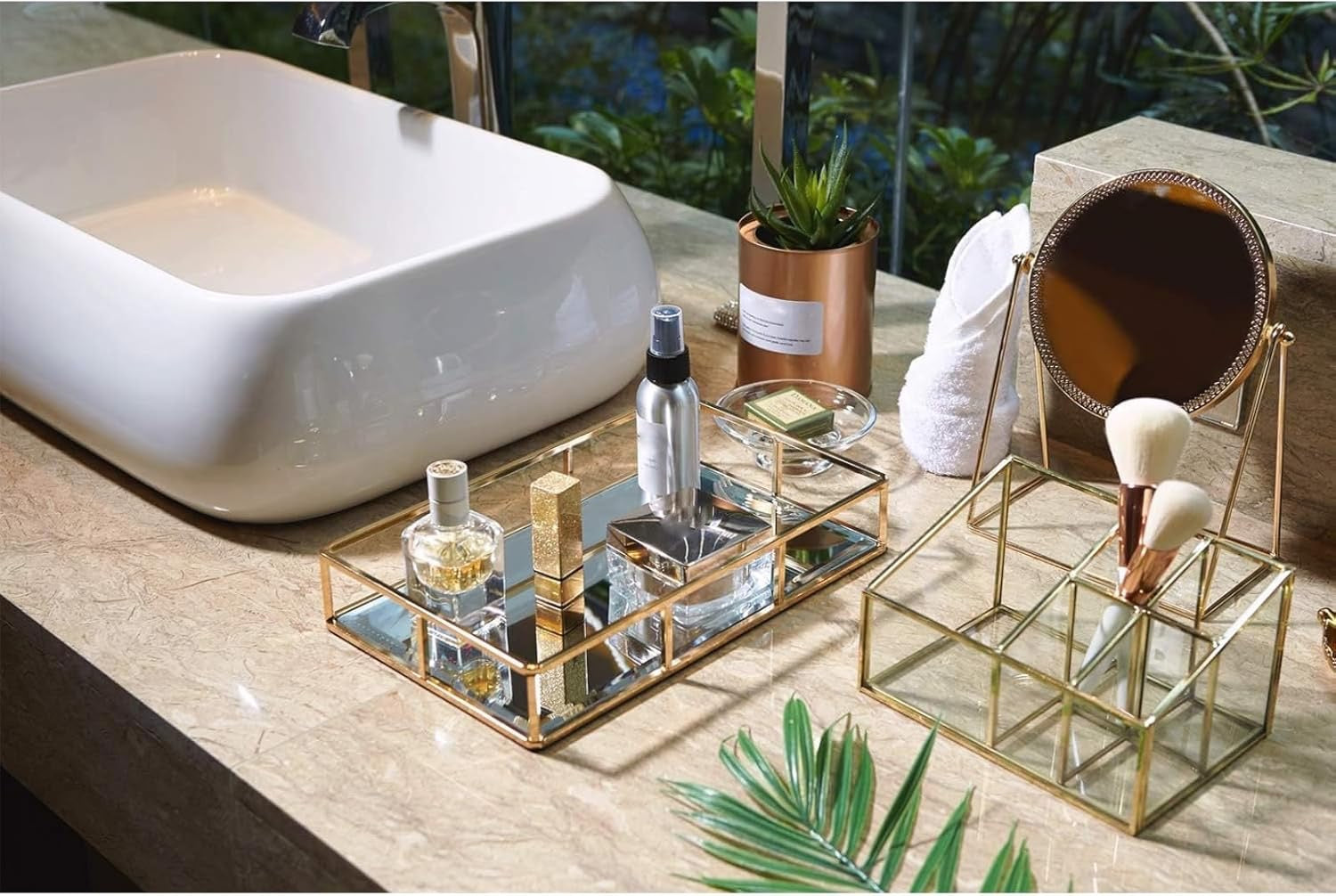 PuTwo Gold Mirror Vanity Tray | Ornate Metal Decorative Jewelry & Perfume Organizer