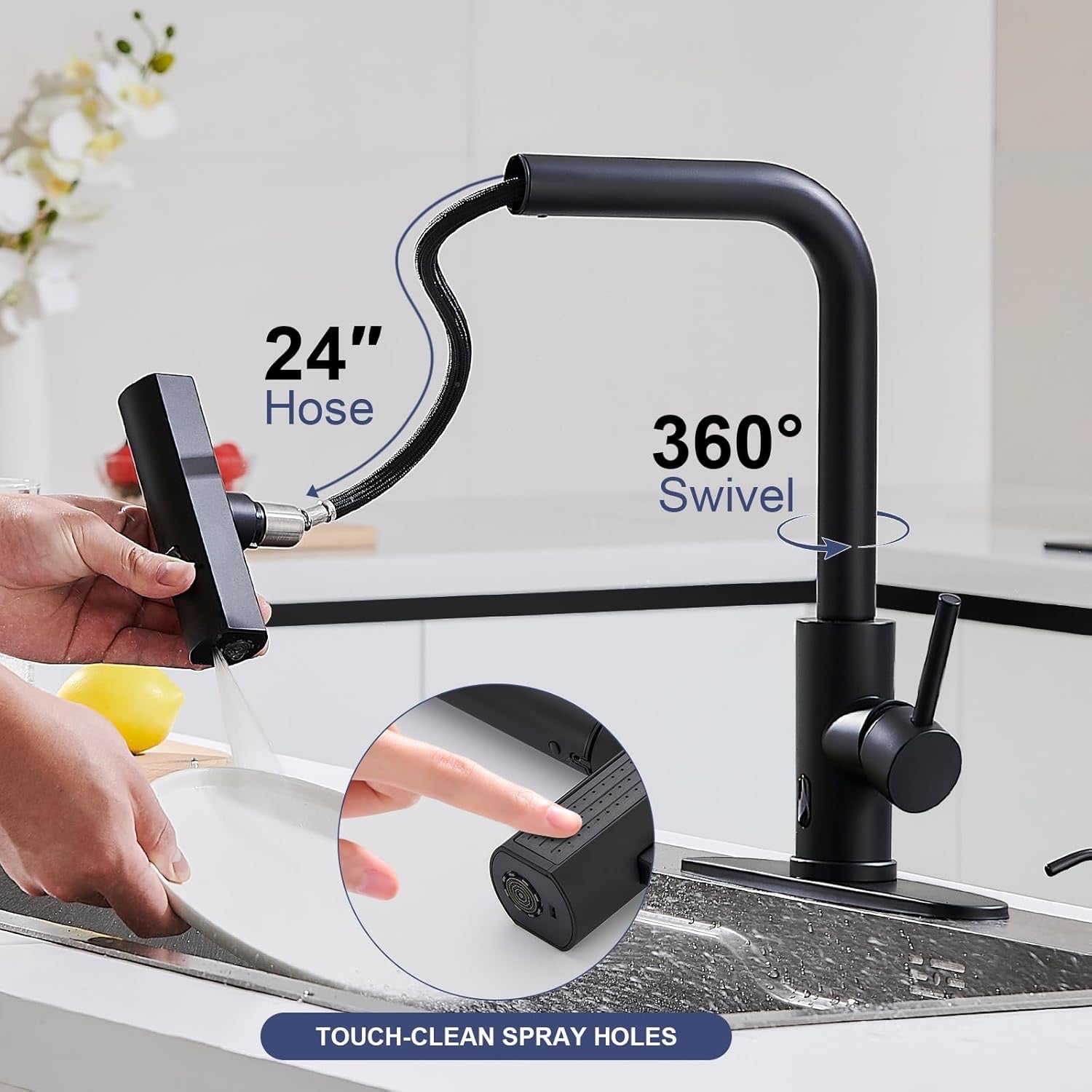 Matte Black Touchless Kitchen Faucet | Pull-Down Sprayer Waterfall Sink Faucet with Soap Dispenser