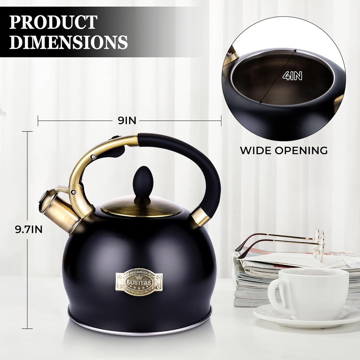 SUSTEAS Whistling Tea Kettle 2.64 Quart Black | Stainless Steel Stovetop Teapot with Cool Touch Handle