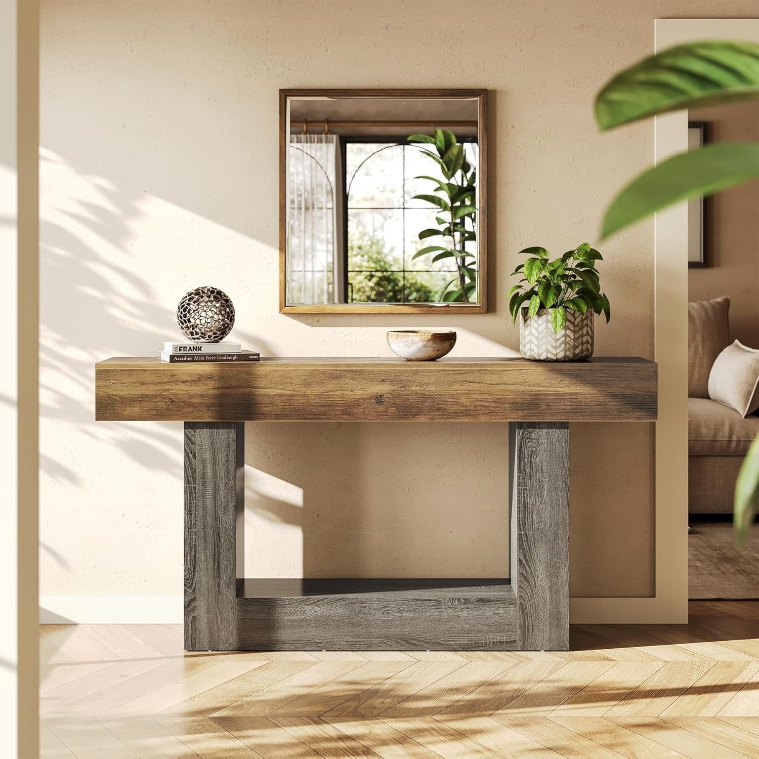 LITTLE TREE 63” Farmhouse Console Table | 2-Tier Wooden Sofa Table for Entryway & Living Room (Rustic Brown & Grey)
