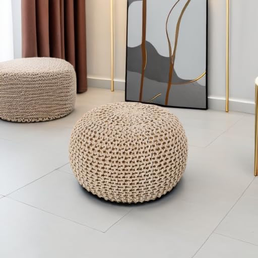 REDEARTH Hand-Knitted Cotton Pouf Ottoman | Round Cable Knit Pouffe – Beige Ivory