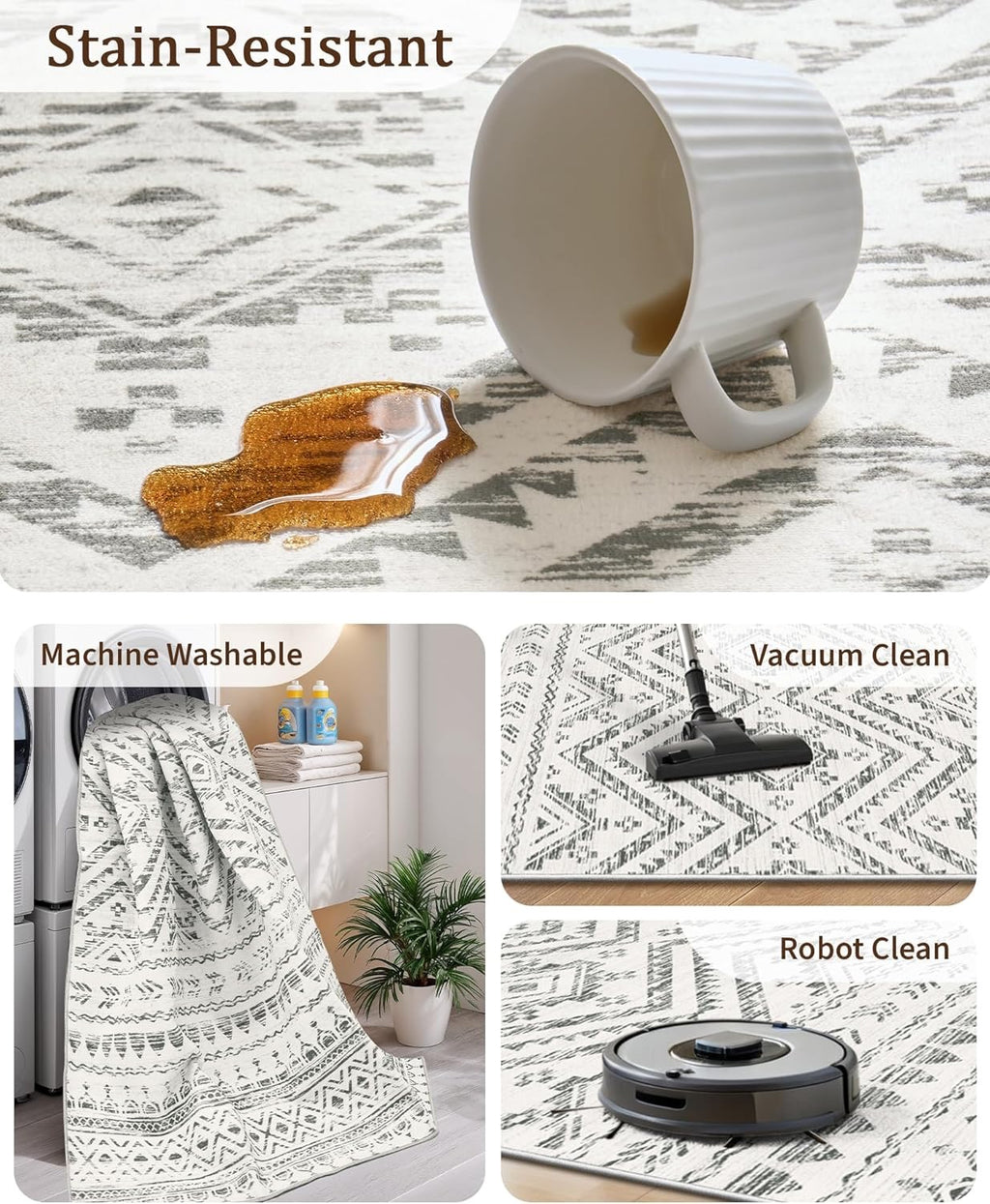 8x10 Moroccan Washable Area Rug | Non-Slip Low Pile Soft Indoor Carpet (Grey)