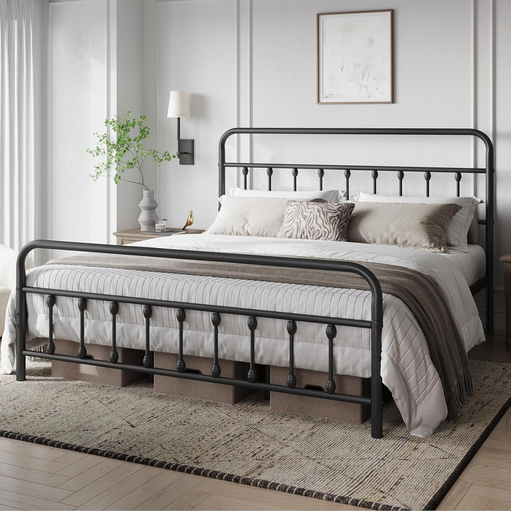 Yaheetech Victorian Iron Platform Bed | Classic Metal Bed Frame with Headboard & Footboard – Black (California King)