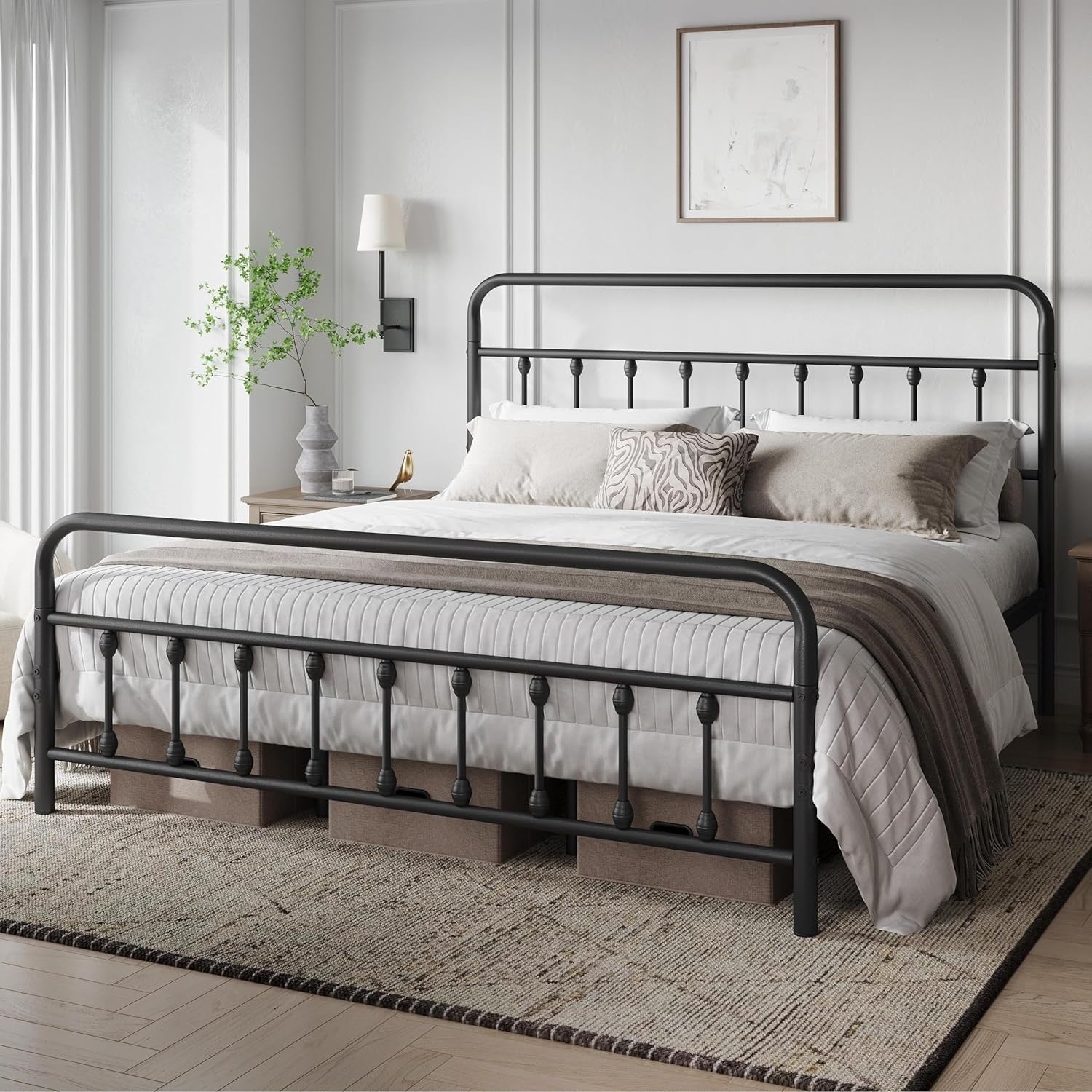 Yaheetech Victorian Iron Platform Bed | Classic Metal Bed Frame with Headboard & Footboard – Black (California King)