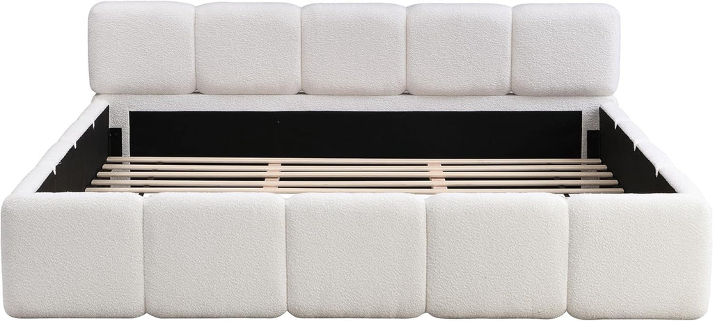 Merax California King Bouclé Platform Bed White | Upholstered Block Style Floor Bed Frame with Headboard & Footboard