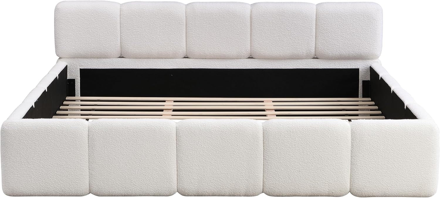 Merax California King Bouclé Platform Bed White | Upholstered Block Style Floor Bed Frame with Headboard & Footboard