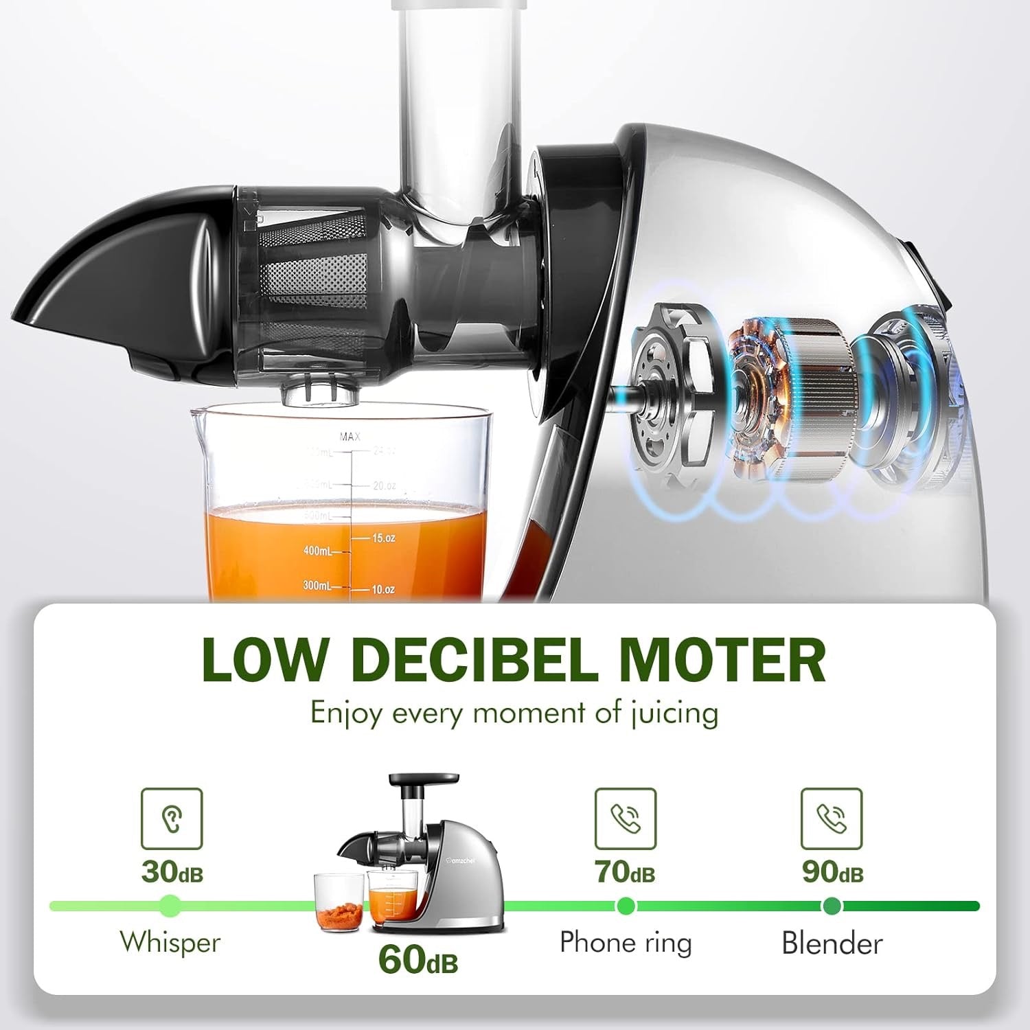 AMZCHEF Cold Press Masticating Juicer – Quiet Slow Juicer Machine with High Juice Yield