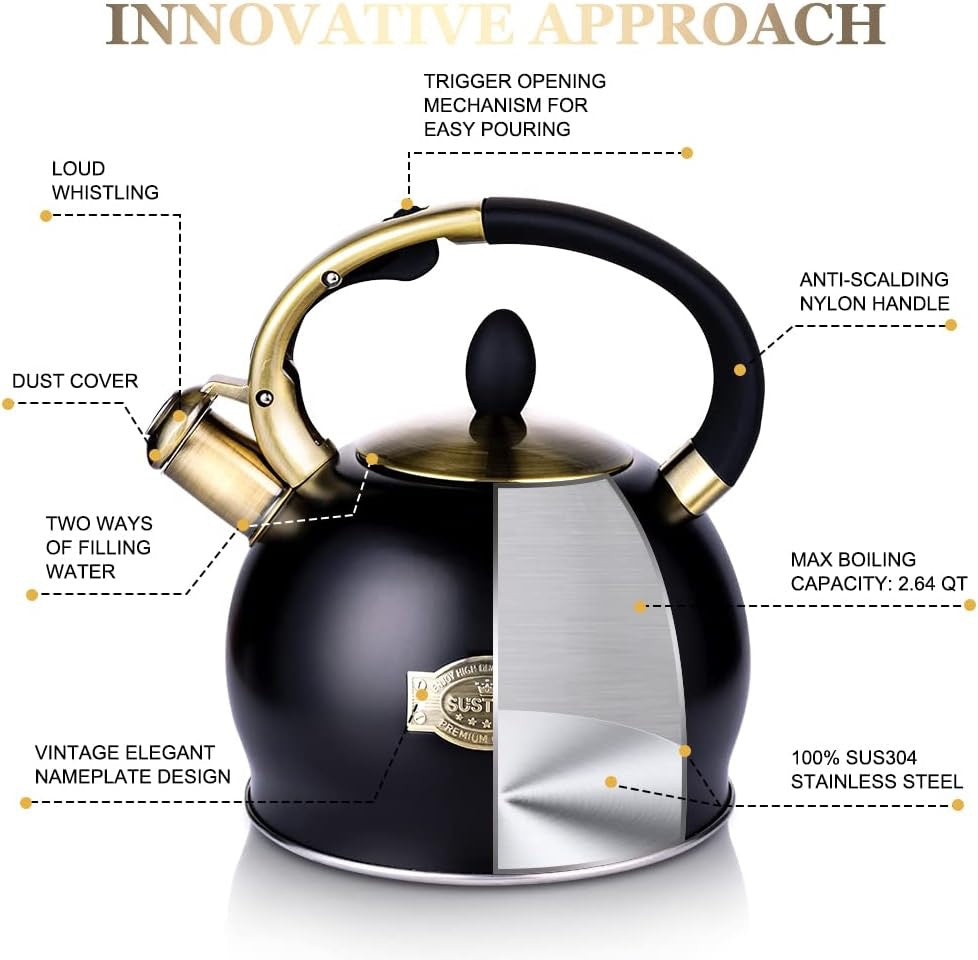 SUSTEAS Whistling Tea Kettle 2.64 Quart Black | Stainless Steel Stovetop Teapot with Cool Touch Handle