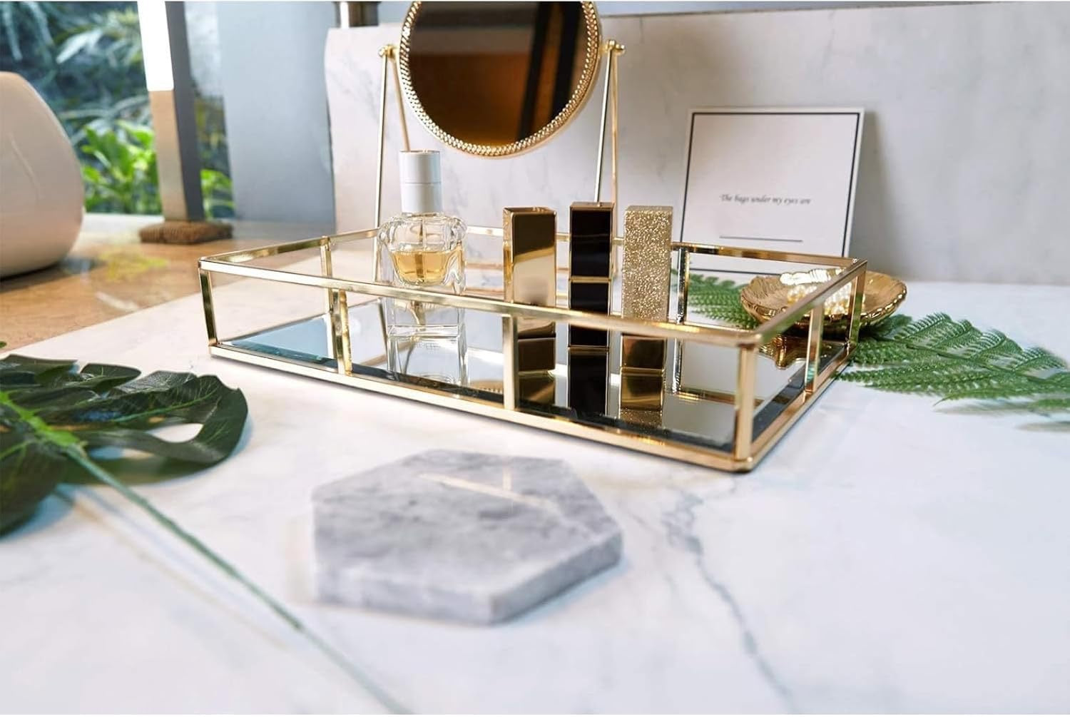 PuTwo Gold Mirror Vanity Tray | Ornate Metal Decorative Jewelry & Perfume Organizer