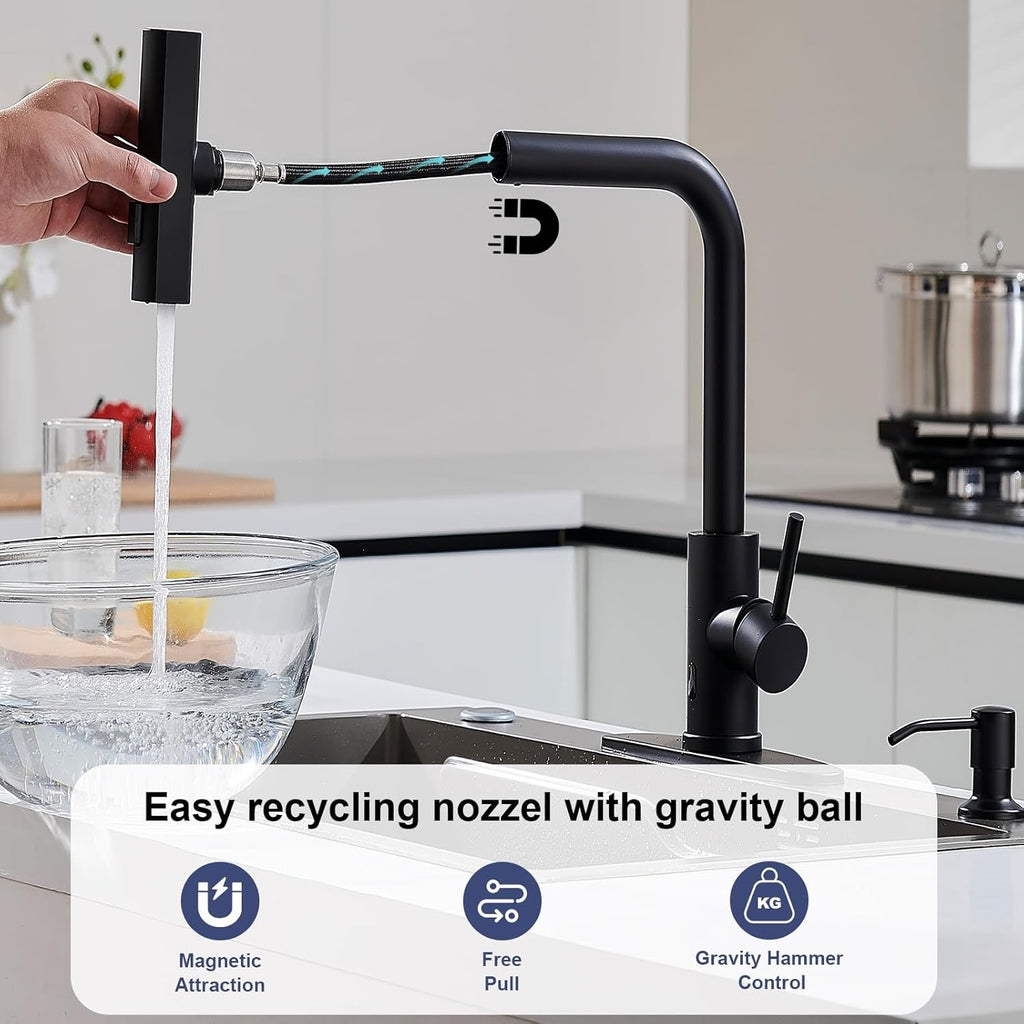 Matte Black Touchless Kitchen Faucet | Pull-Down Sprayer Waterfall Sink Faucet with Soap Dispenser