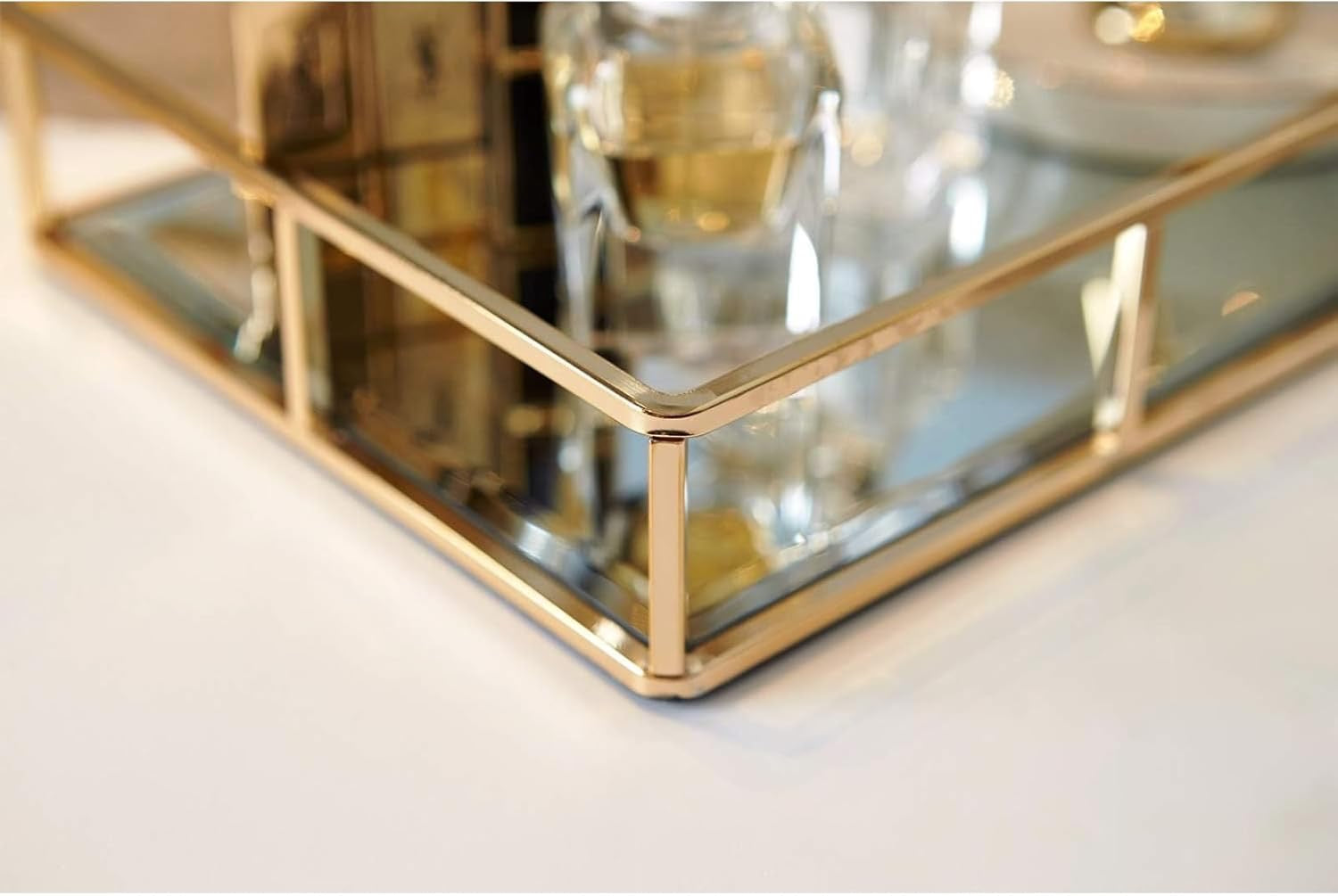 PuTwo Gold Mirror Vanity Tray | Ornate Metal Decorative Jewelry & Perfume Organizer