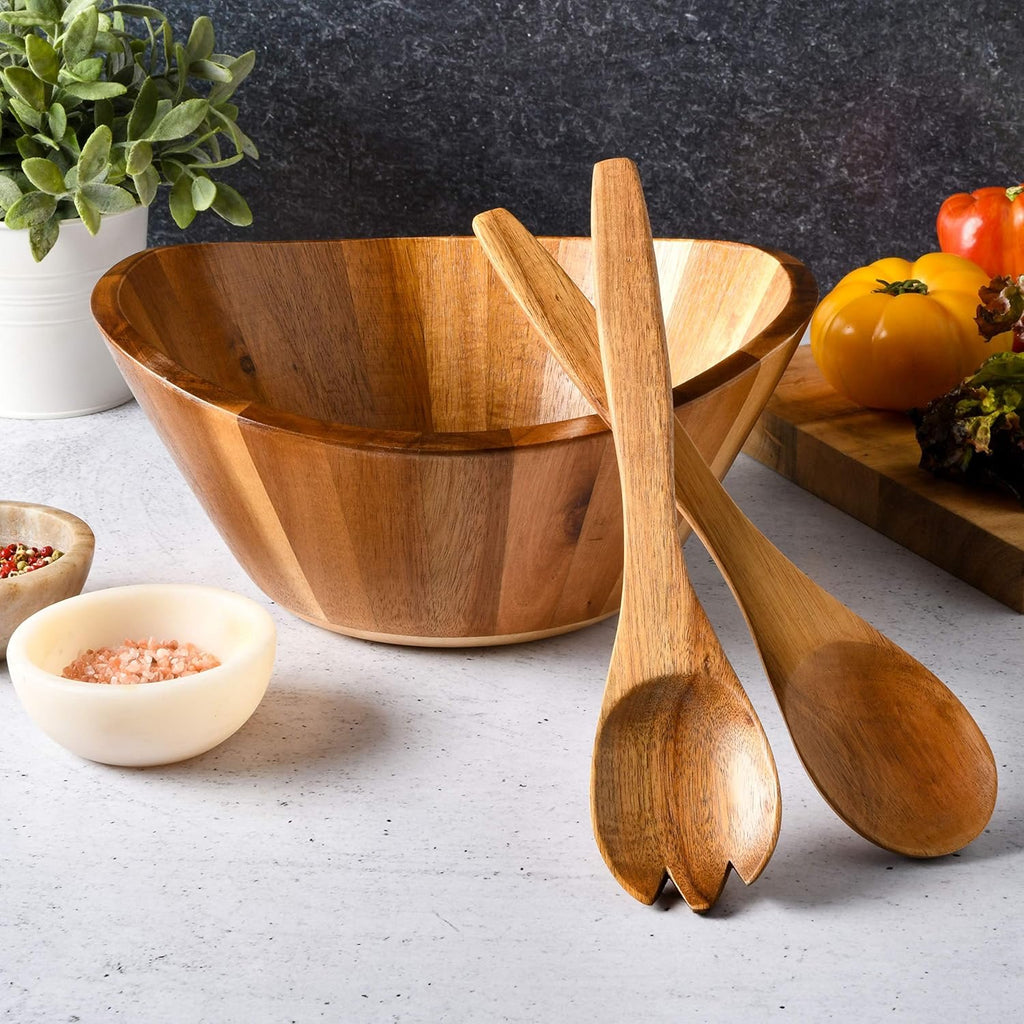 Gibson Home Sherwood 3 Piece Acacia Wood Salad Bowl Set | Large Natural Serving Bowl with Wooden Servers Durable Eco Friendly