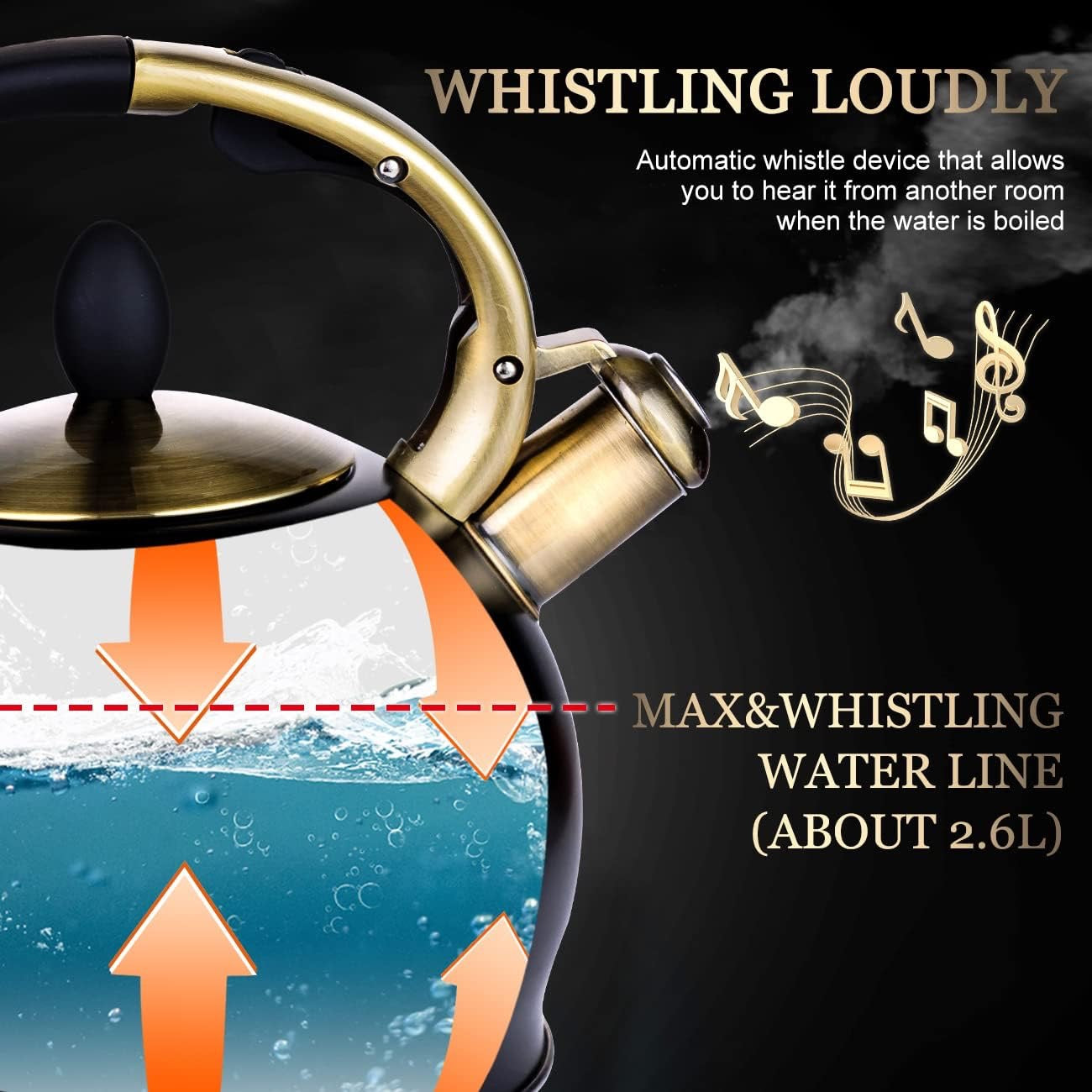 SUSTEAS Whistling Tea Kettle 2.64 Quart Black | Stainless Steel Stovetop Teapot with Cool Touch Handle