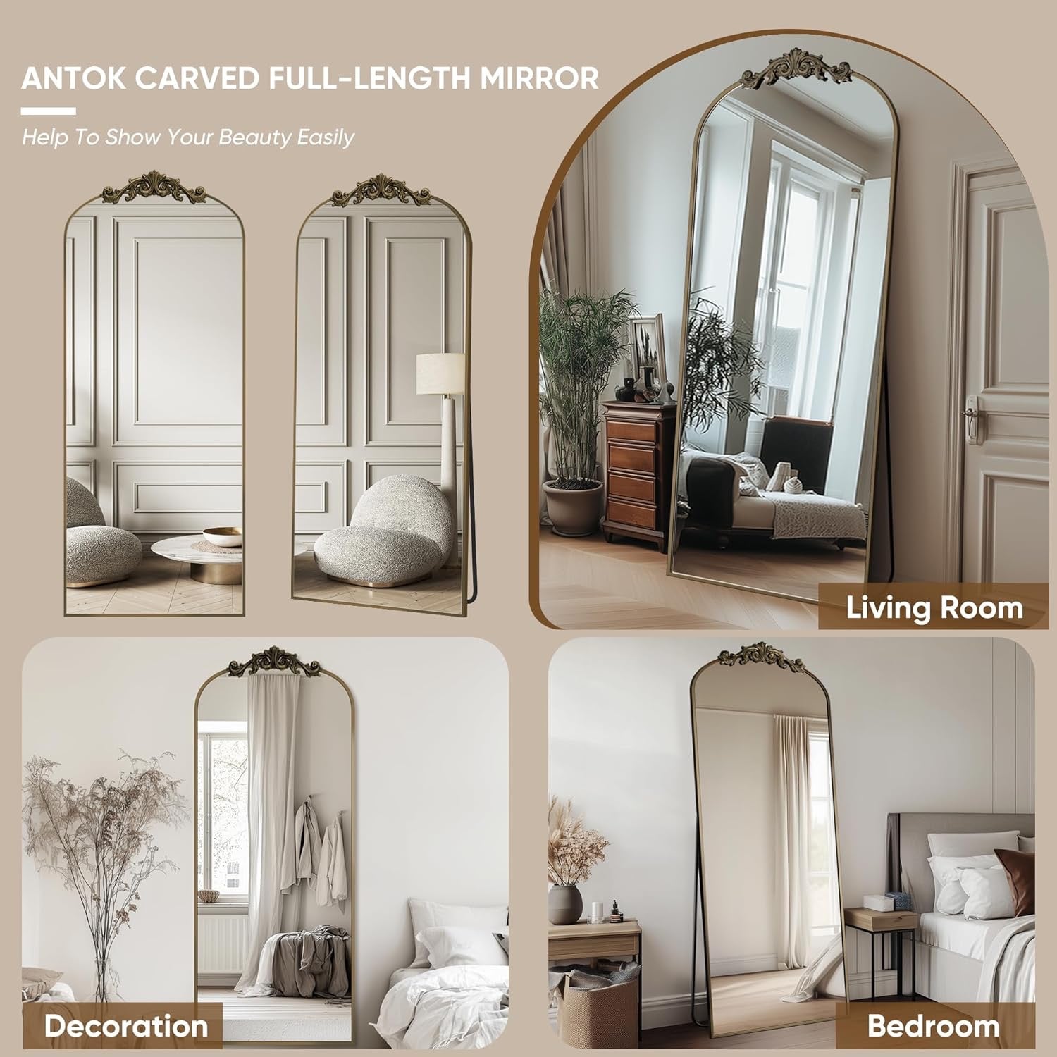 Antok Arched Full Length Floor Mirror 21" x 64" | Vintage Bronze Standing & Wall Mirror