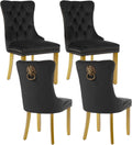Velvet Dining Chairs Set of 4 | Modern Tufted Black Dining Chairs with Lion Head Pulls & Gold Legs