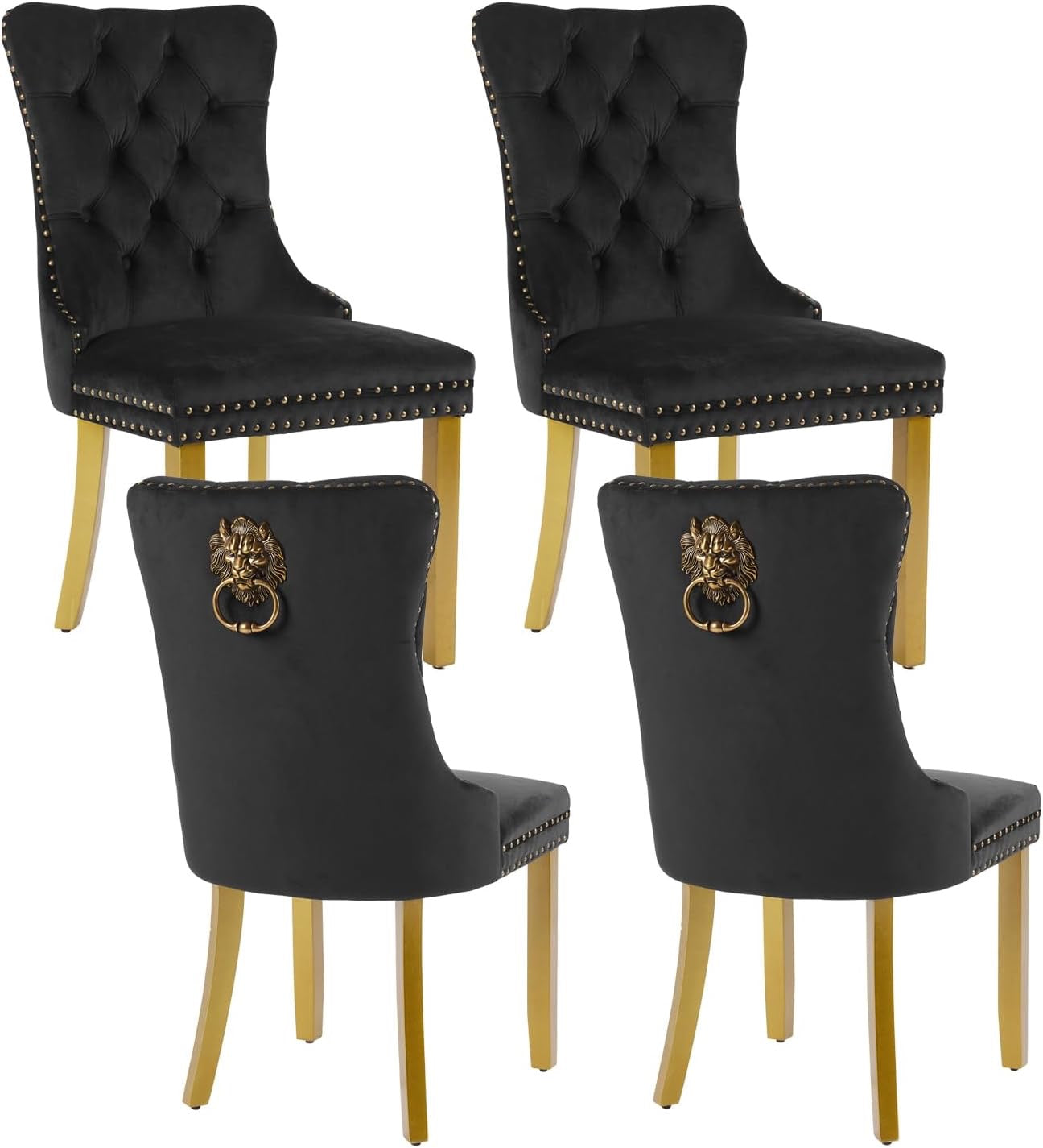 Velvet Dining Chairs Set of 4 | Modern Tufted Black Dining Chairs with Lion Head Pulls & Gold Legs