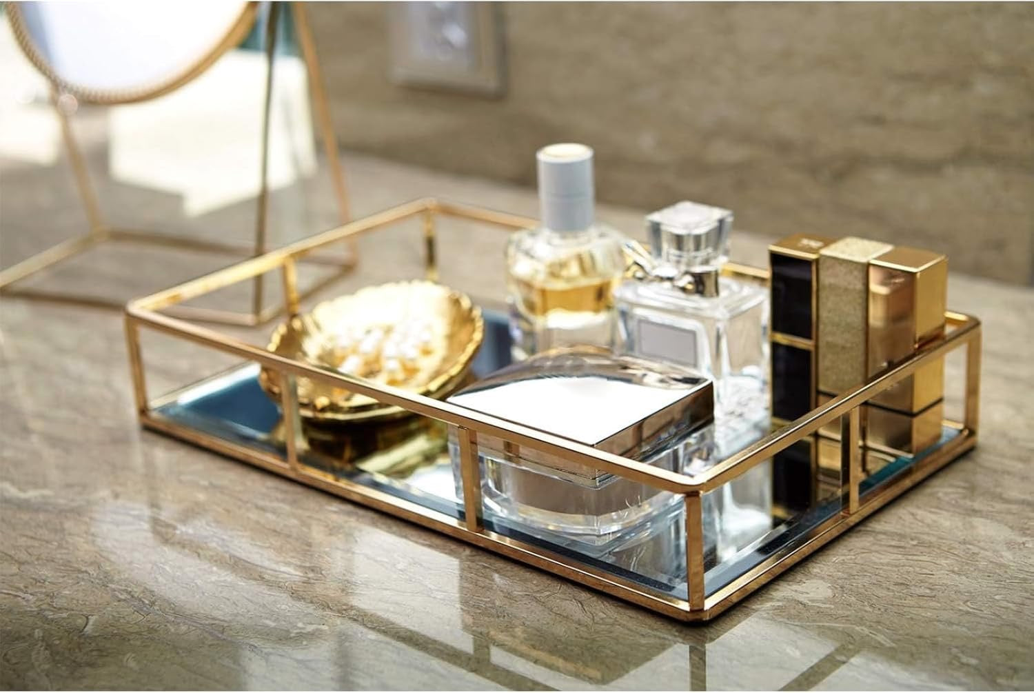 PuTwo Gold Mirror Vanity Tray | Ornate Metal Decorative Jewelry & Perfume Organizer