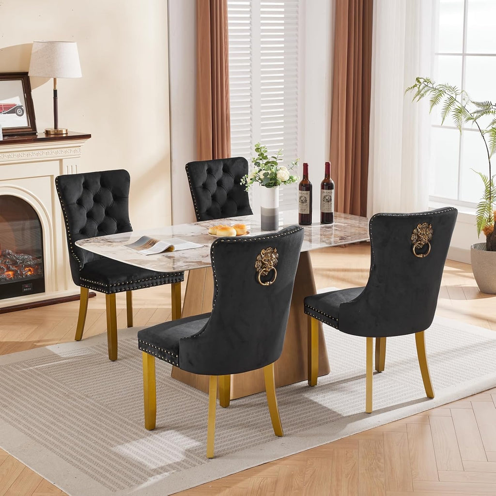 Velvet Dining Chairs Set of 4 | Modern Tufted Black Dining Chairs with Lion Head Pulls & Gold Legs