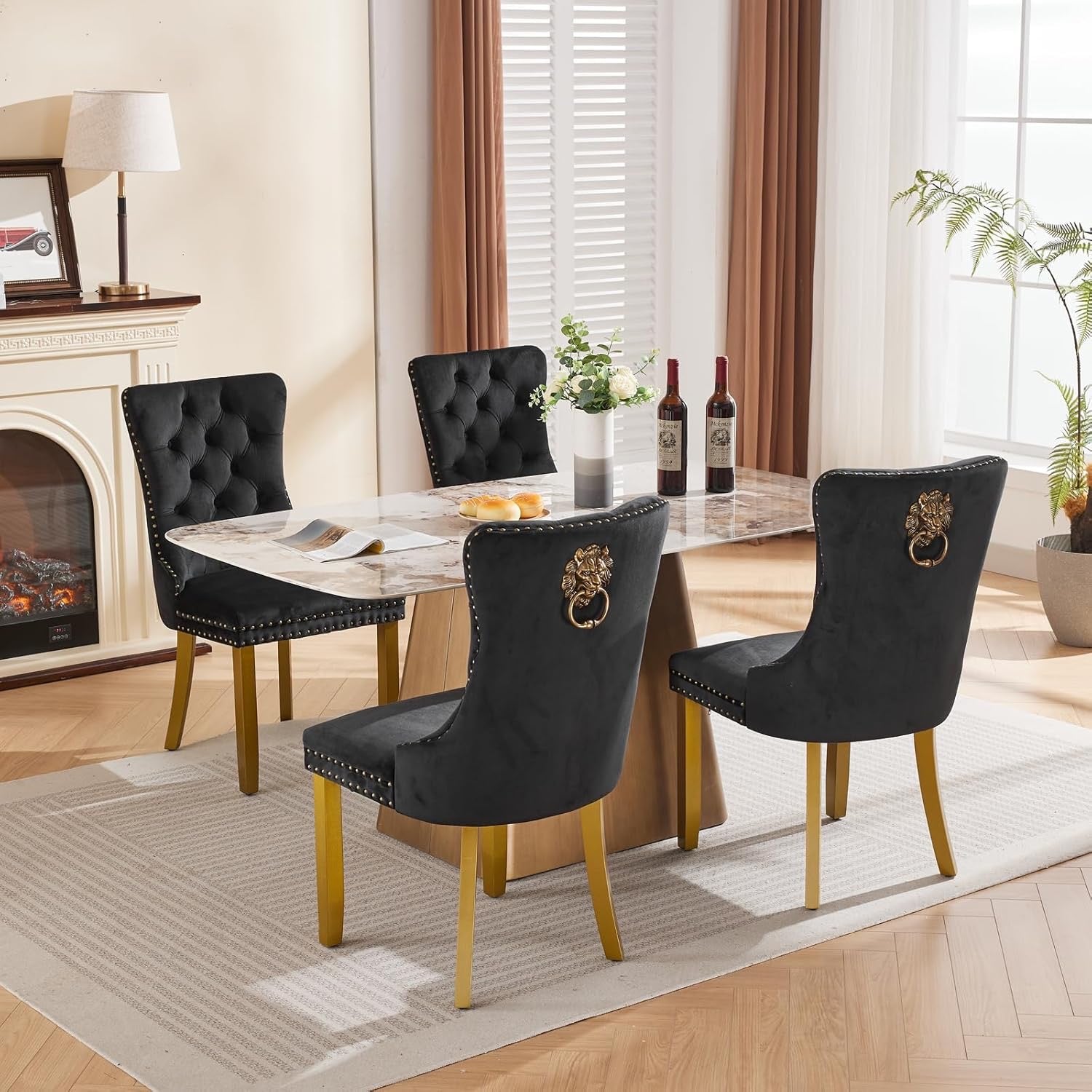Velvet Dining Chairs Set of 4 | Modern Tufted Black Dining Chairs with Lion Head Pulls & Gold Legs