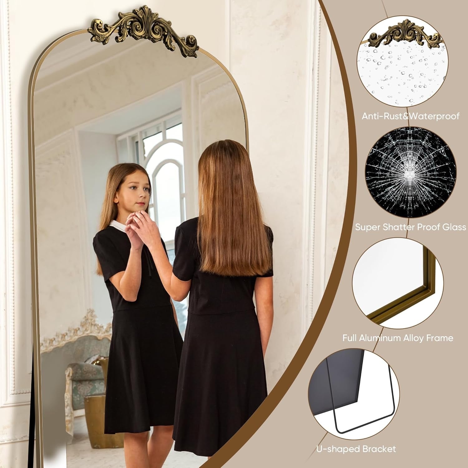 Antok Arched Full Length Floor Mirror 21" x 64" | Vintage Bronze Standing & Wall Mirror