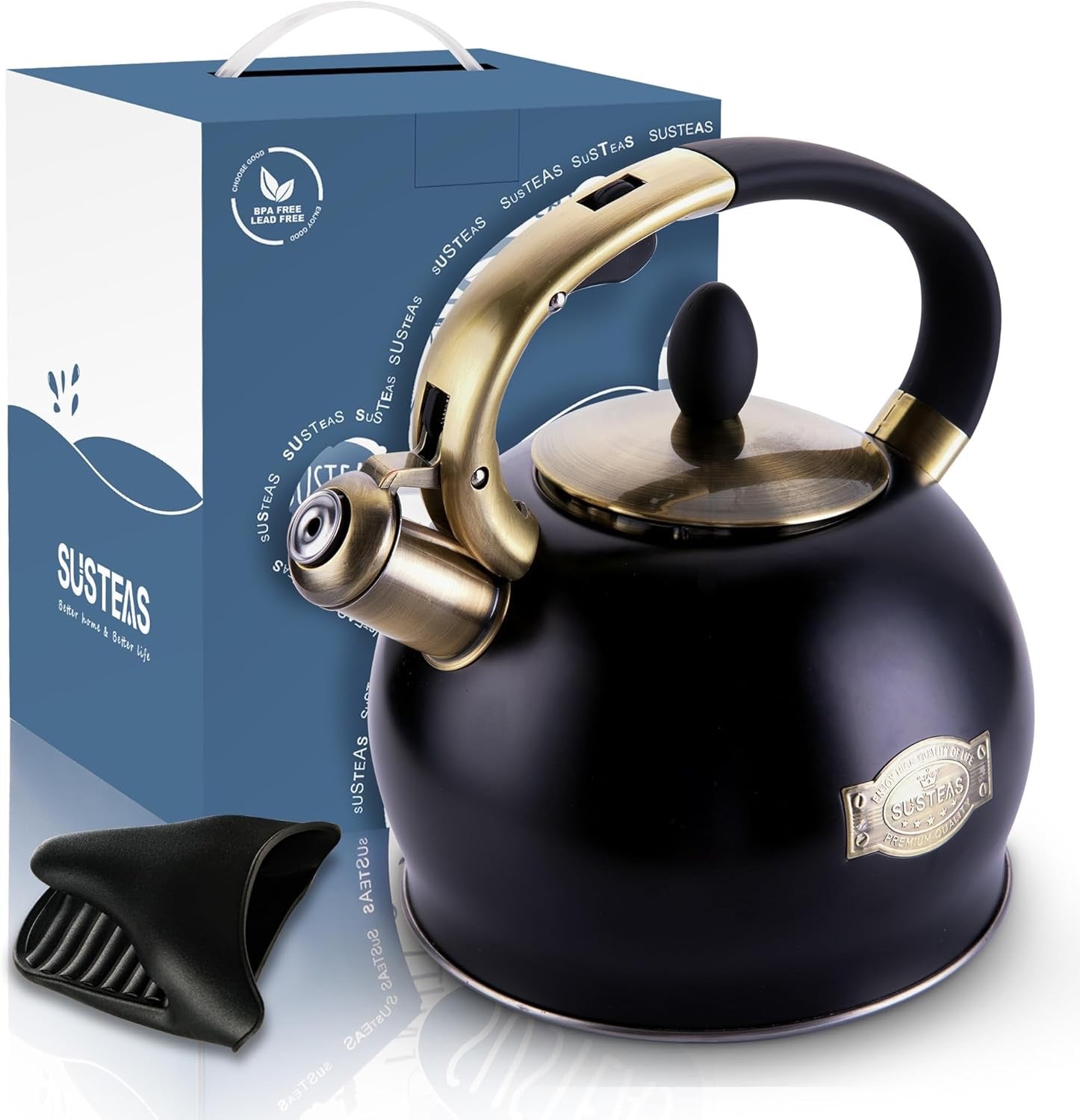 SUSTEAS Whistling Tea Kettle 2.64 Quart Black | Stainless Steel Stovetop Teapot with Cool Touch Handle