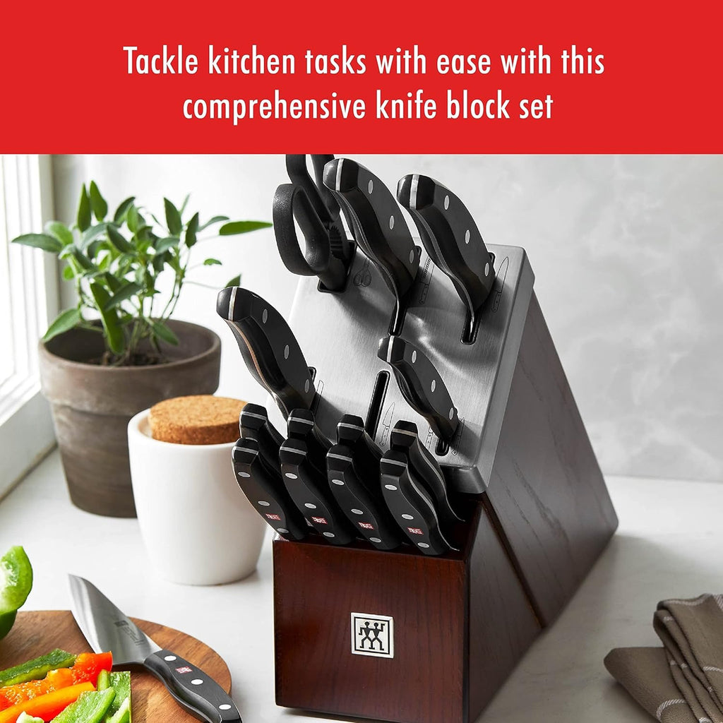 ZWILLING TWIN Signature 15 Piece Self Sharpening Knife Block Set Brown | German Stainless Steel Kitchen Knife Set