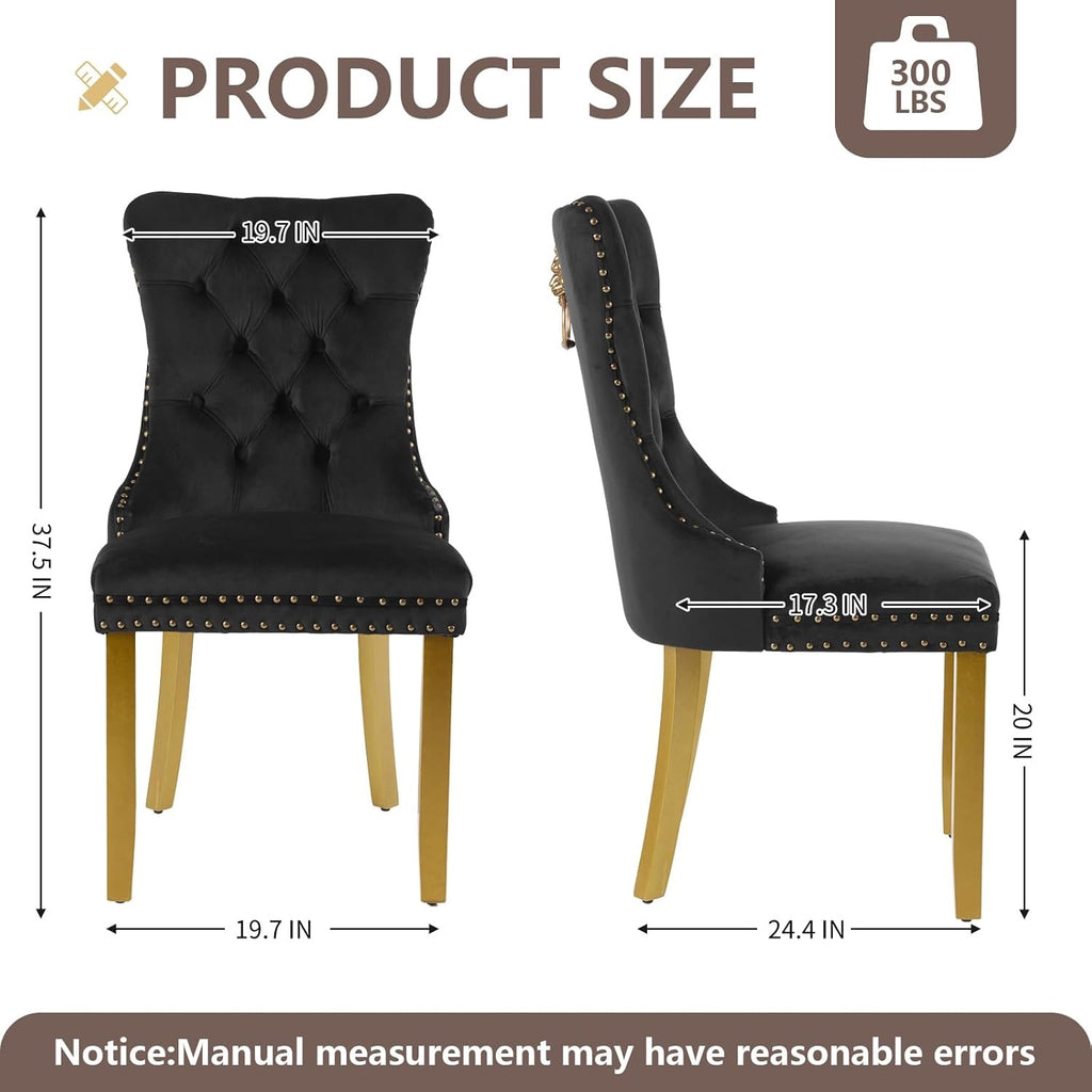 Velvet Dining Chairs Set of 4 | Modern Tufted Black Dining Chairs with Lion Head Pulls & Gold Legs