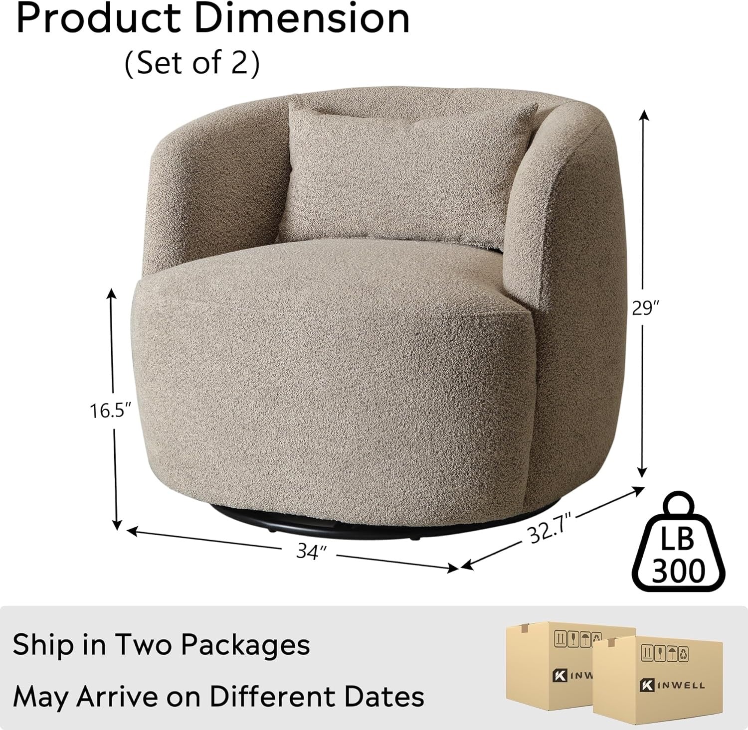 KINWELL 34” Bouclé Swivel Barrel Chairs Set of 2 | Upholstered Taupe Accent Armchairs with Toss Pillow