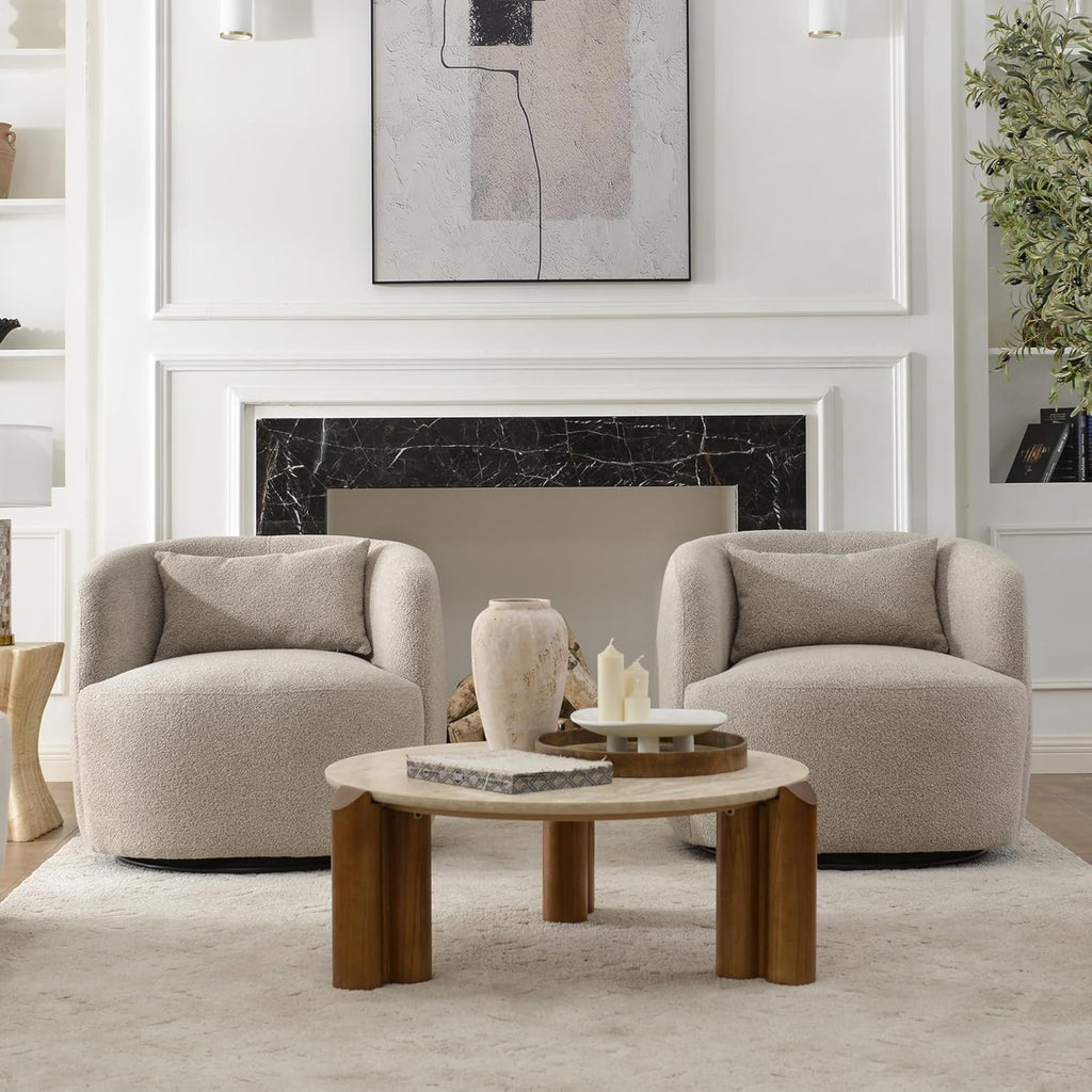 KINWELL 34” Bouclé Swivel Barrel Chairs Set of 2 | Upholstered Taupe Accent Armchairs with Toss Pillow