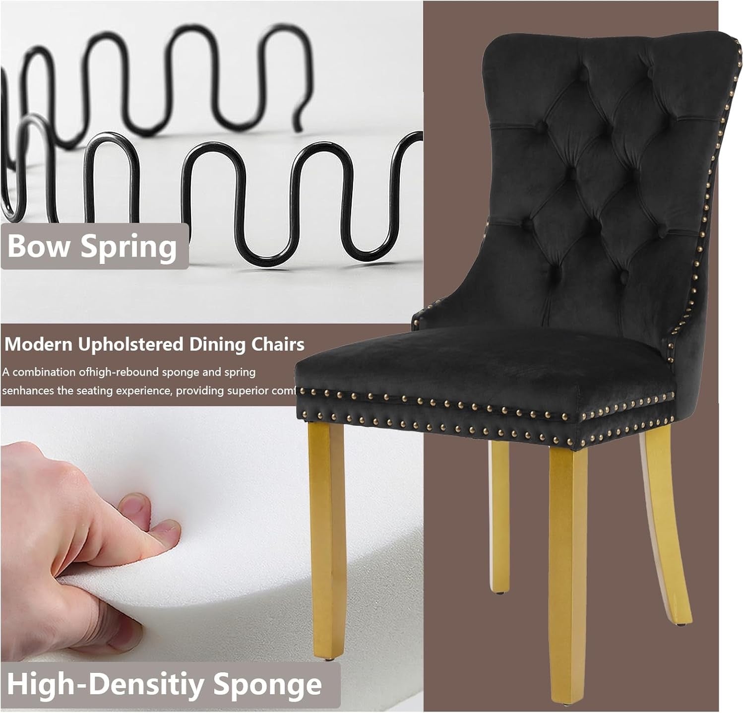 Velvet Dining Chairs Set of 4 | Modern Tufted Black Dining Chairs with Lion Head Pulls & Gold Legs