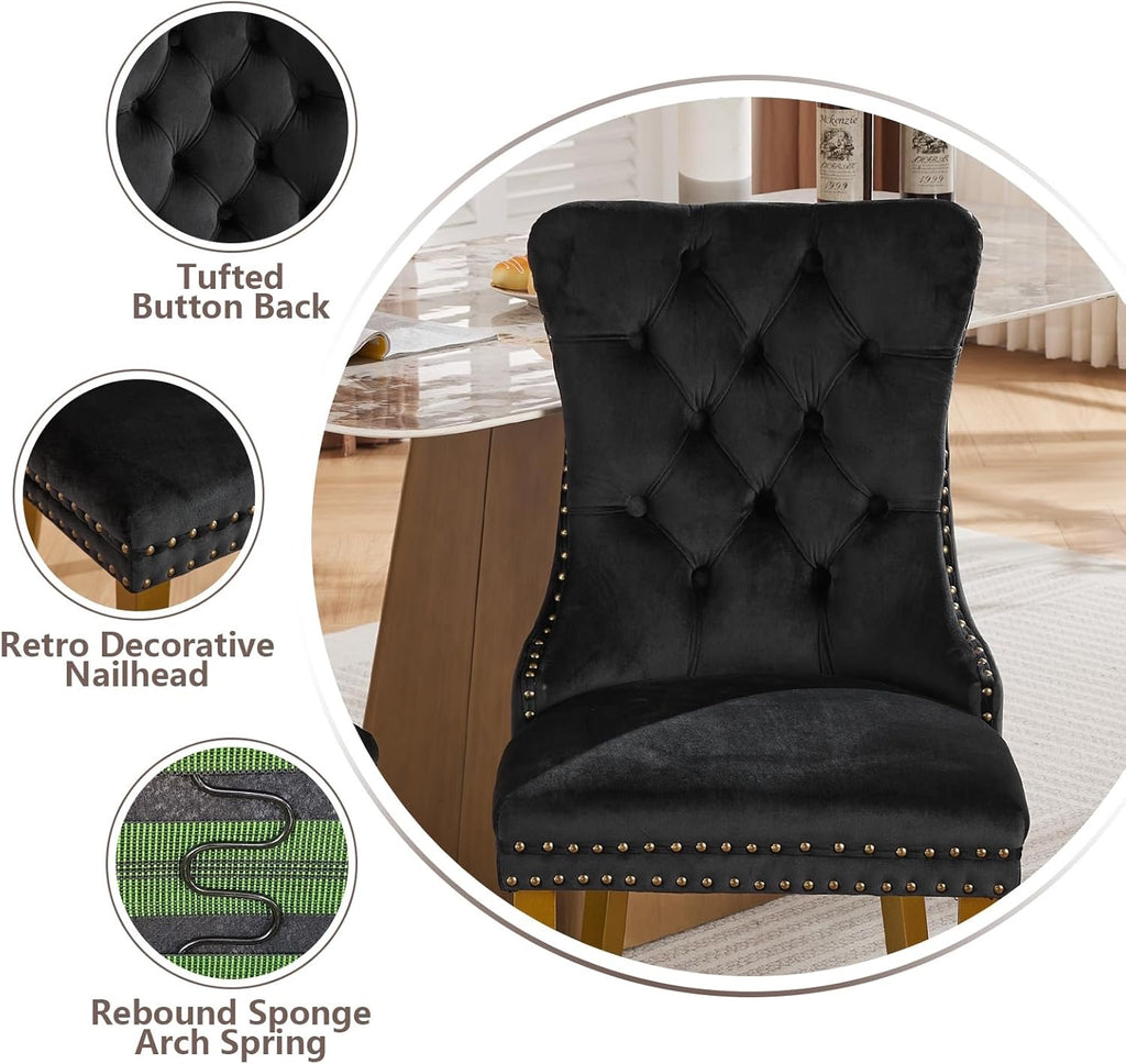 Velvet Dining Chairs Set of 4 | Modern Tufted Black Dining Chairs with Lion Head Pulls & Gold Legs