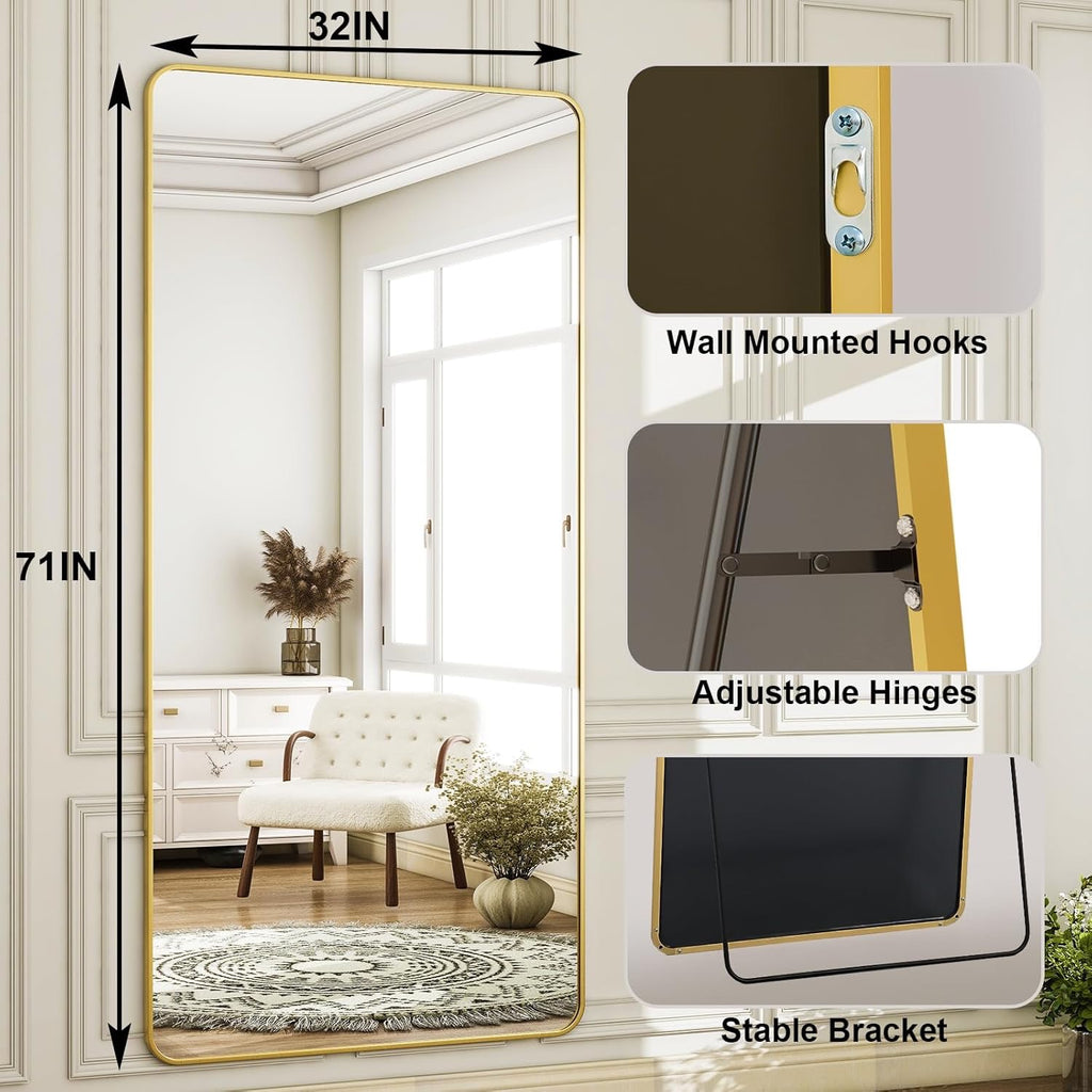 HARRITPURE Full Length Floor Mirror 71" x 32" | Large Gold Aluminum Frame Standing & Wall Mirror