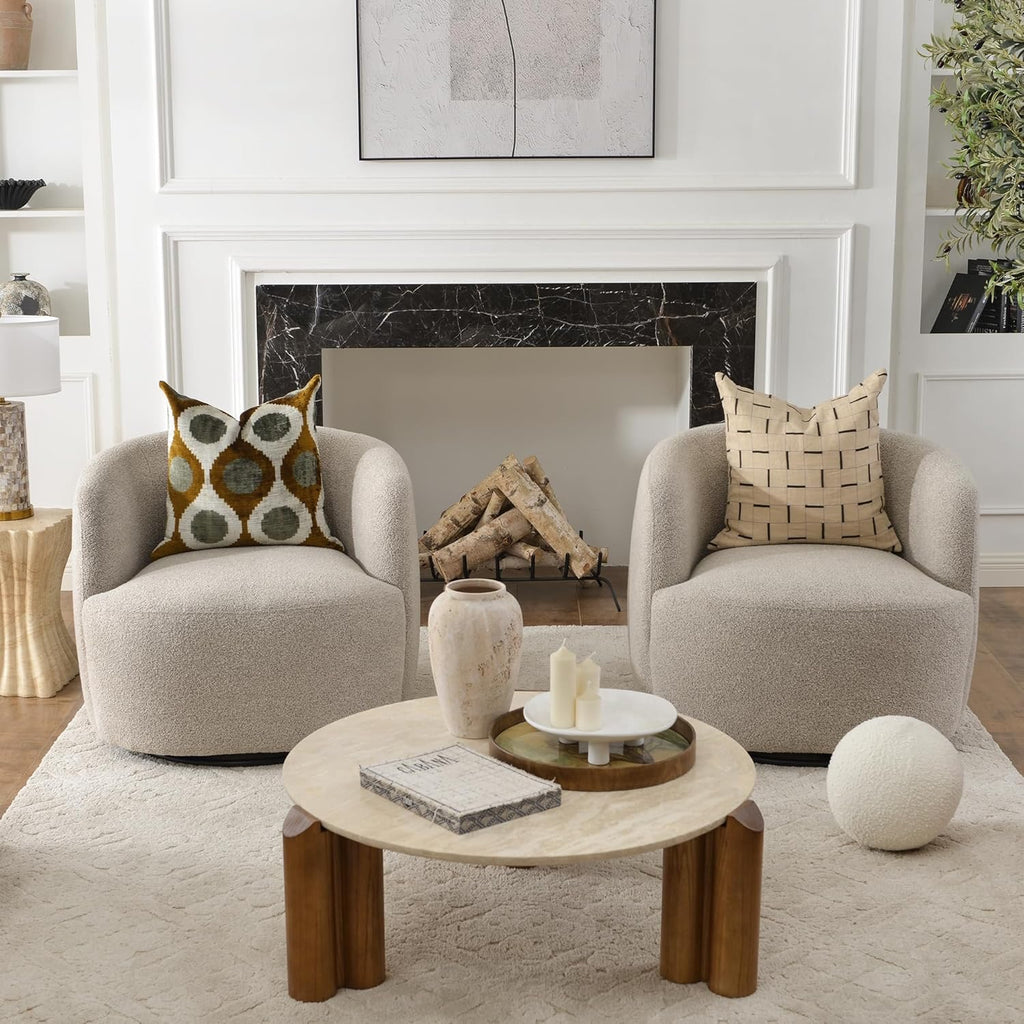 KINWELL 34” Bouclé Swivel Barrel Chairs Set of 2 | Upholstered Taupe Accent Armchairs with Toss Pillow