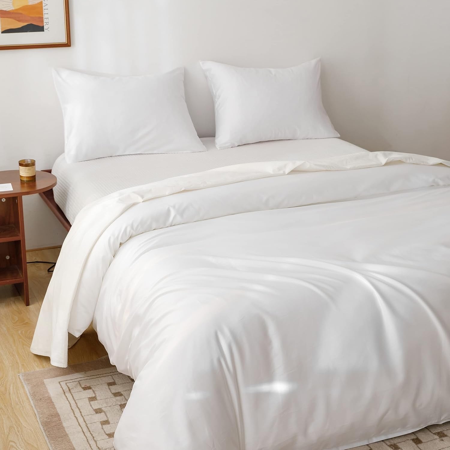 HeimenAogo Egyptian Cotton Duvet Cover – Queen Size | Silky Sateen Luxury White Bedding Set (3-Piece)