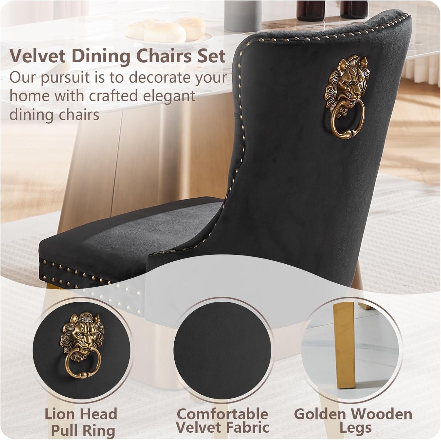Velvet Dining Chairs Set of 4 | Modern Tufted Black Dining Chairs with Lion Head Pulls & Gold Legs