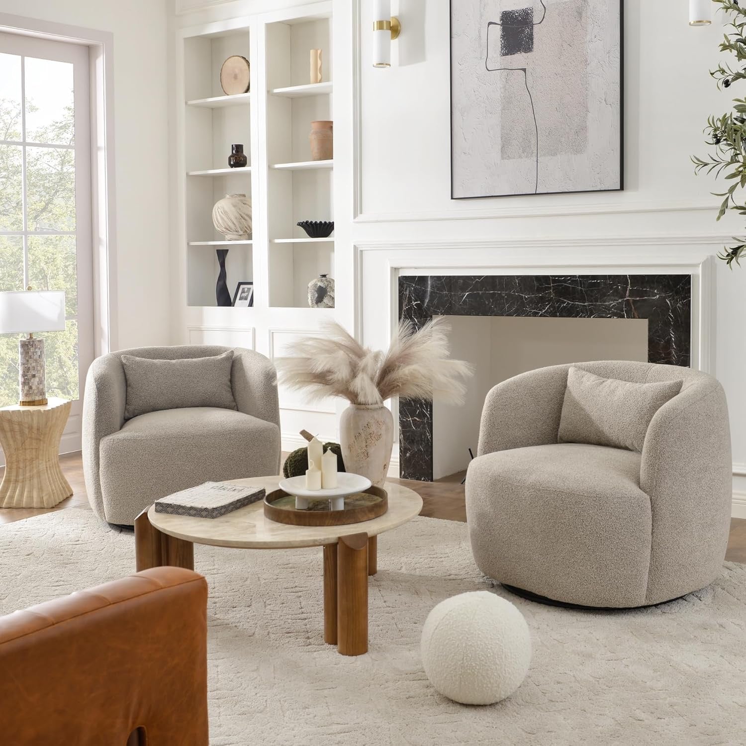 KINWELL 34” Bouclé Swivel Barrel Chairs Set of 2 | Upholstered Taupe Accent Armchairs with Toss Pillow