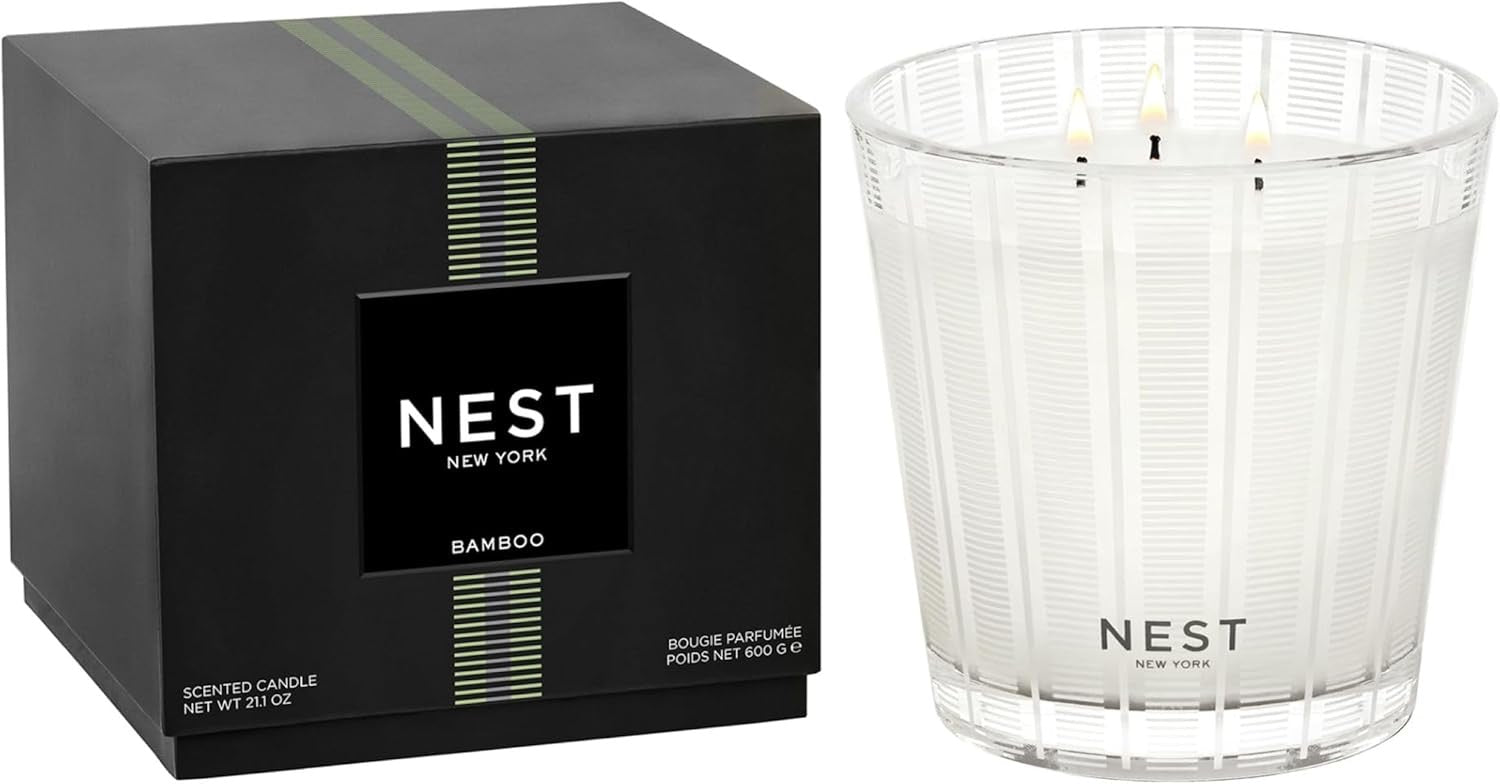 NEST New York Bamboo 3-Wick Candle | 21.2 oz Luxury Scented Candle with Reusable Glass Vessel