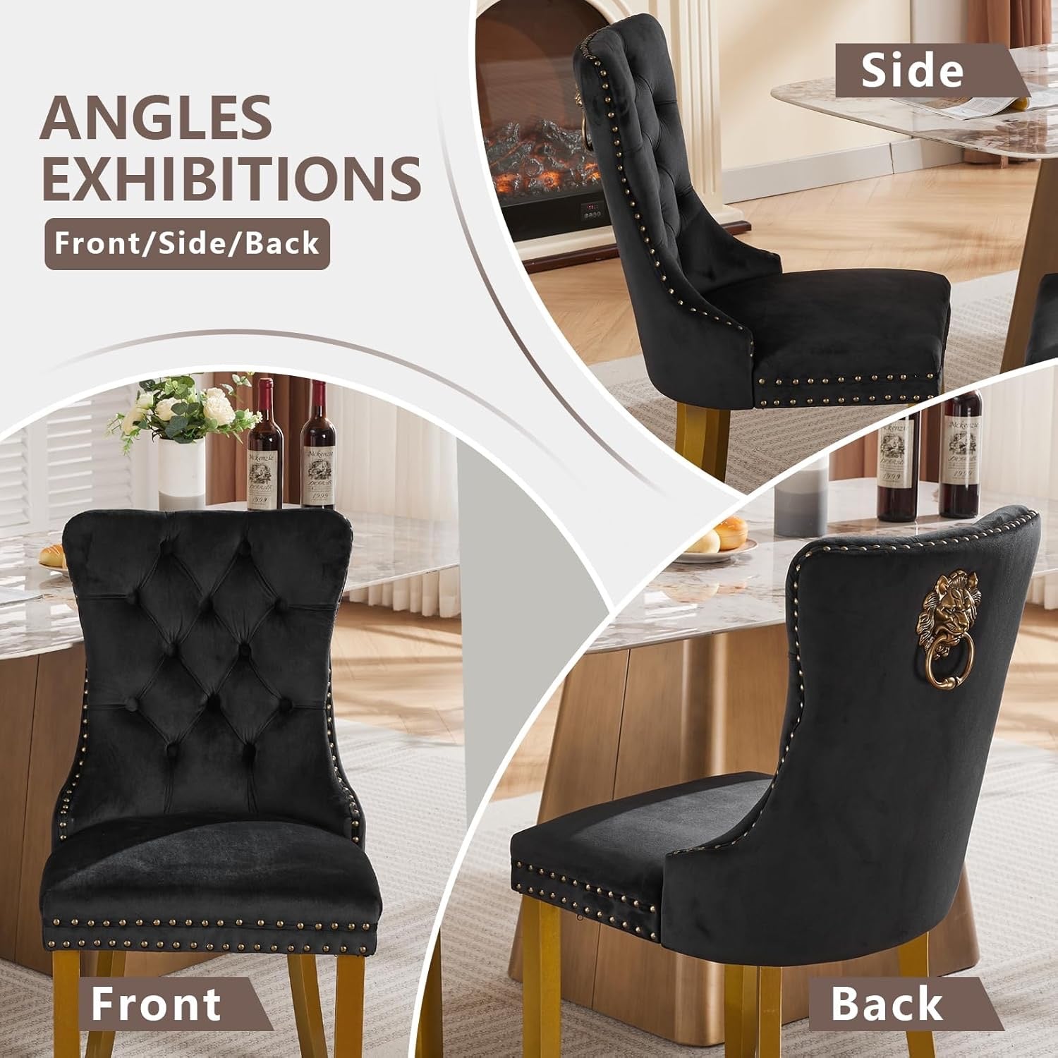 Velvet Dining Chairs Set of 4 | Modern Tufted Black Dining Chairs with Lion Head Pulls & Gold Legs