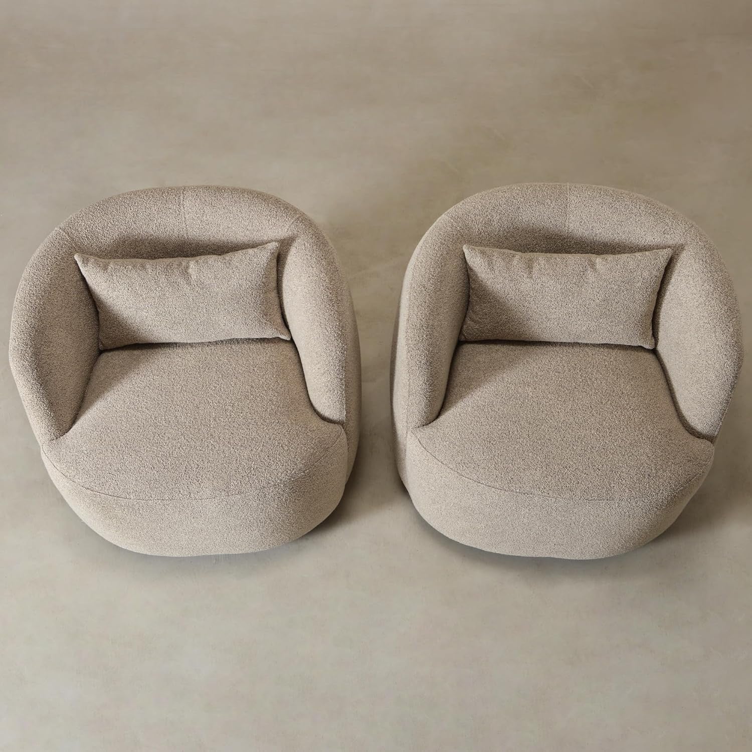 KINWELL 34” Bouclé Swivel Barrel Chairs Set of 2 | Upholstered Taupe Accent Armchairs with Toss Pillow