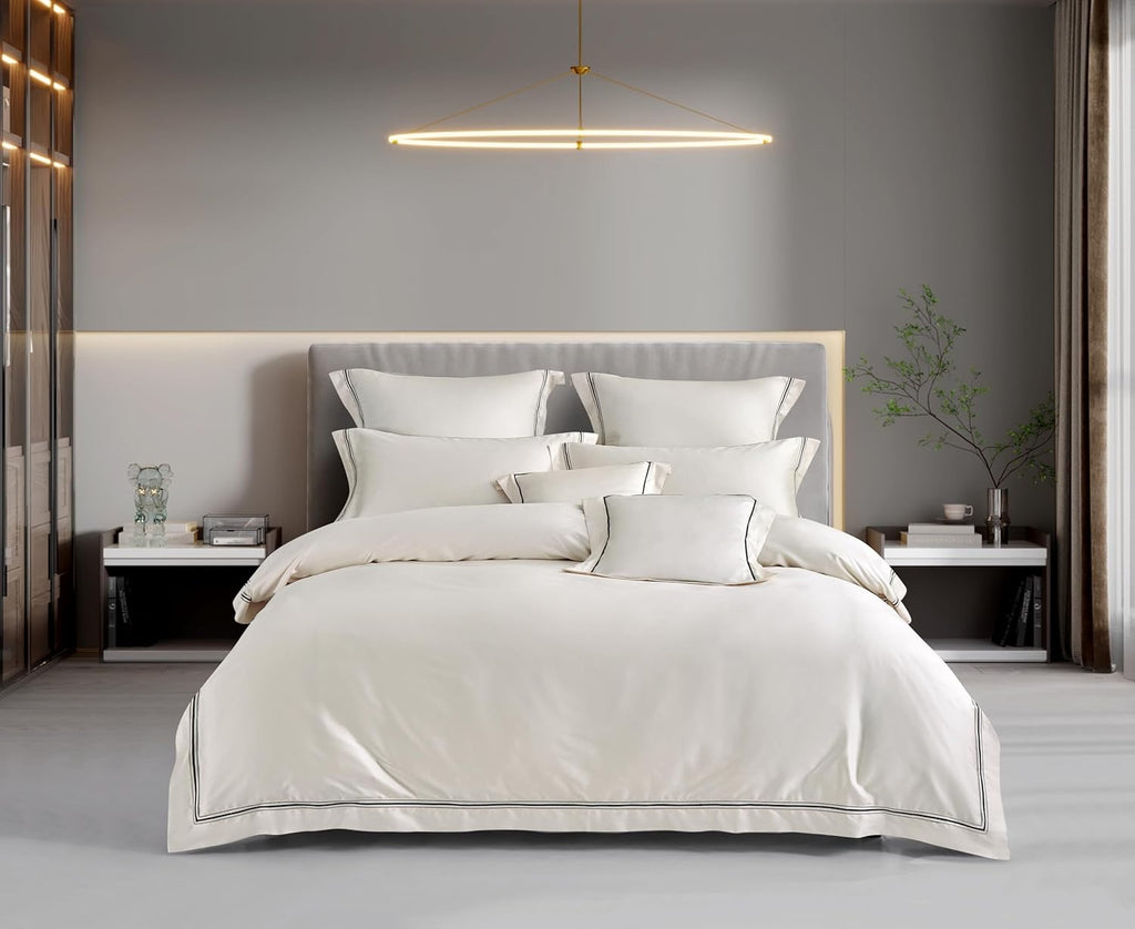 Egyptian Cotton Champagne Lace Duvet Cover Set – Queen | Luxury Wedding Collection Bedding (3-Piece)