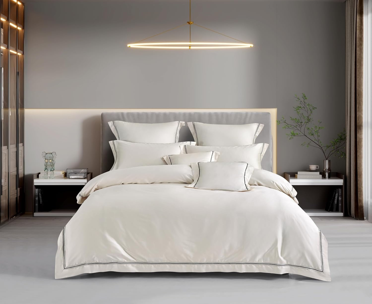 Egyptian Cotton Champagne Lace Duvet Cover Set – Queen | Luxury Wedding Collection Bedding (3-Piece)
