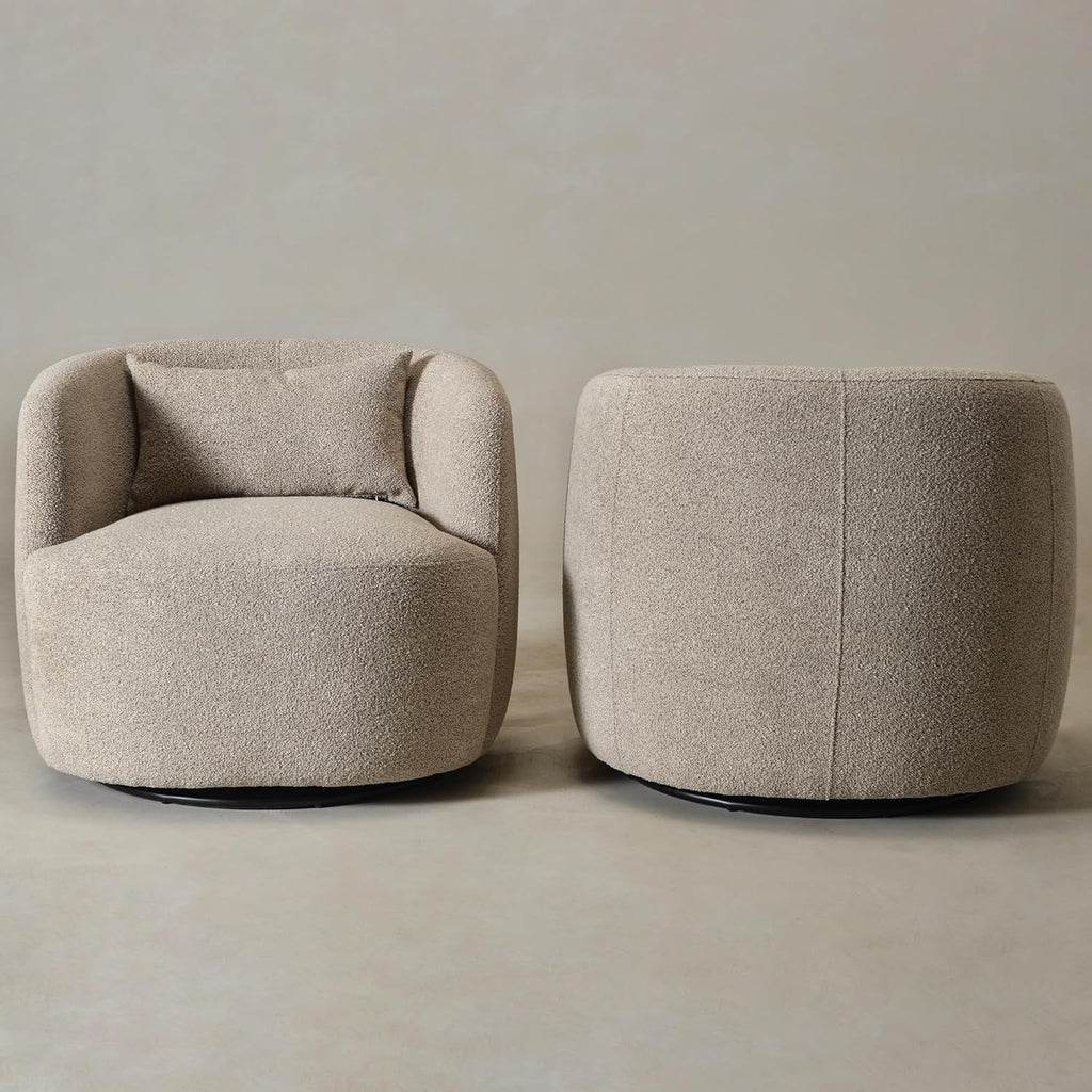 KINWELL 34” Bouclé Swivel Barrel Chairs Set of 2 | Upholstered Taupe Accent Armchairs with Toss Pillow